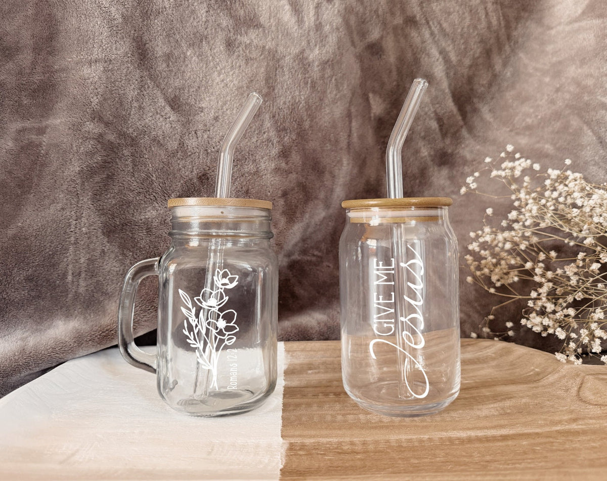 Custom Christian Coffee Cup: Personalized Verse, Glass Straw with Bamboo Lid, Faith Gifts