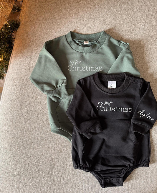 Personalized Baby Clothing / Baby’s First Christmas, Sweatshirt Bubble Romper, Outfits, Custom Name Sleeve