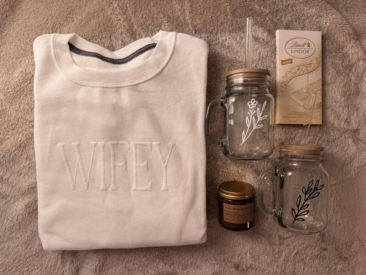 Personalized Wifey Gift Box // Bridal Shower Gift, Custom Crewneck, Scented Candle, Custom Glass Tumblers with Handle, Gifts for Her