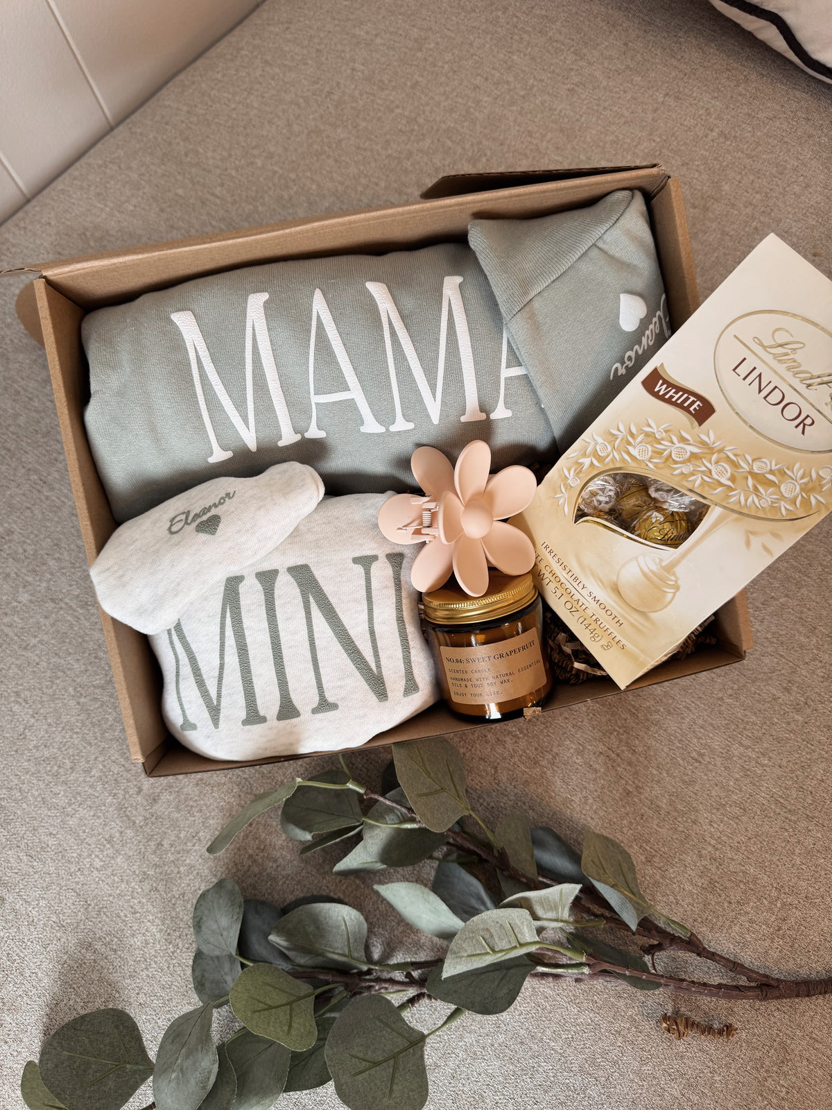 Personalized mama and mini gift bundle with custom crewneck, infant romper, candle, chocolate and hair clip — new mama or baby shower gift