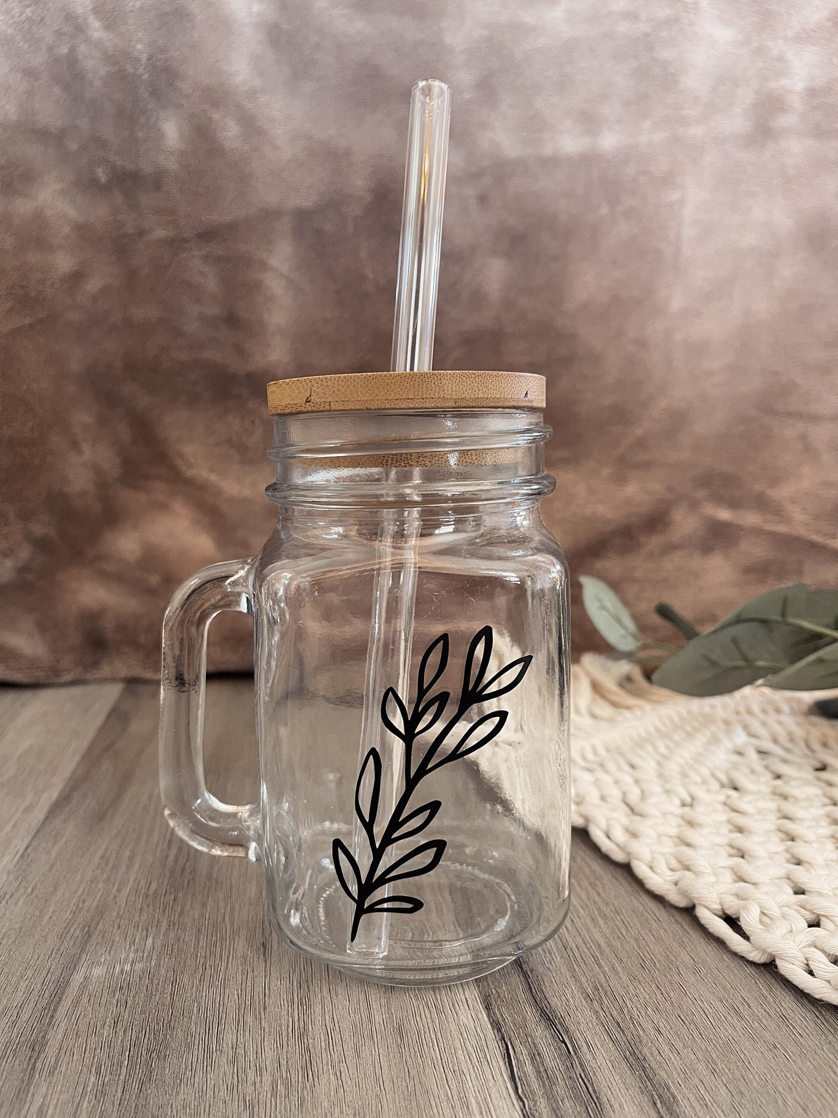 Personalized Mason Jar Coffee Cup: Glass Straw & Bamboo Lid