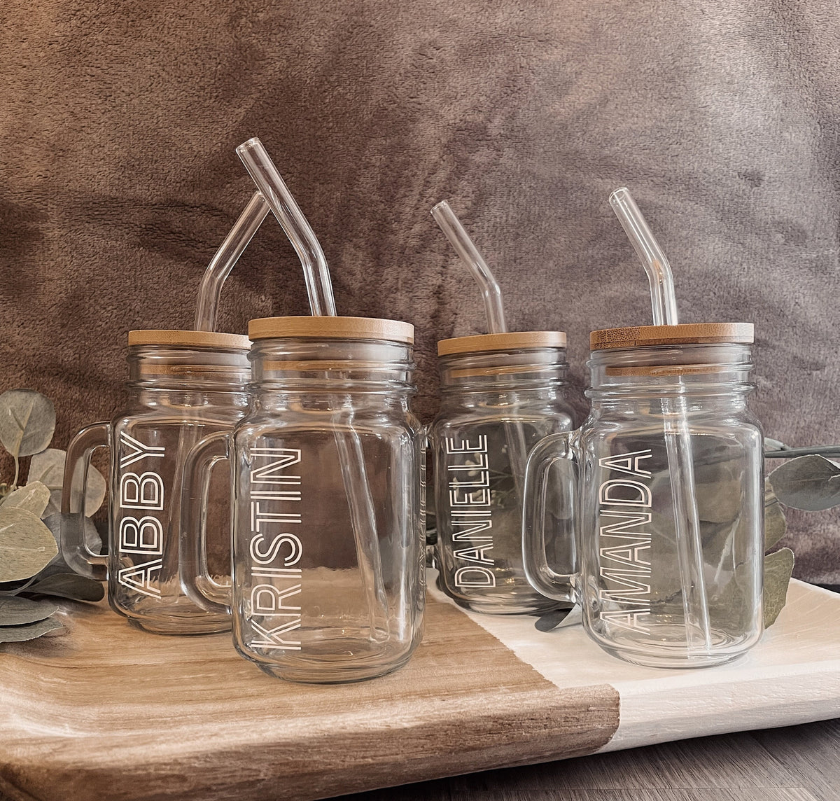 Personalized Mason Jar Coffee Cup: Glass Straw & Bamboo Lid
