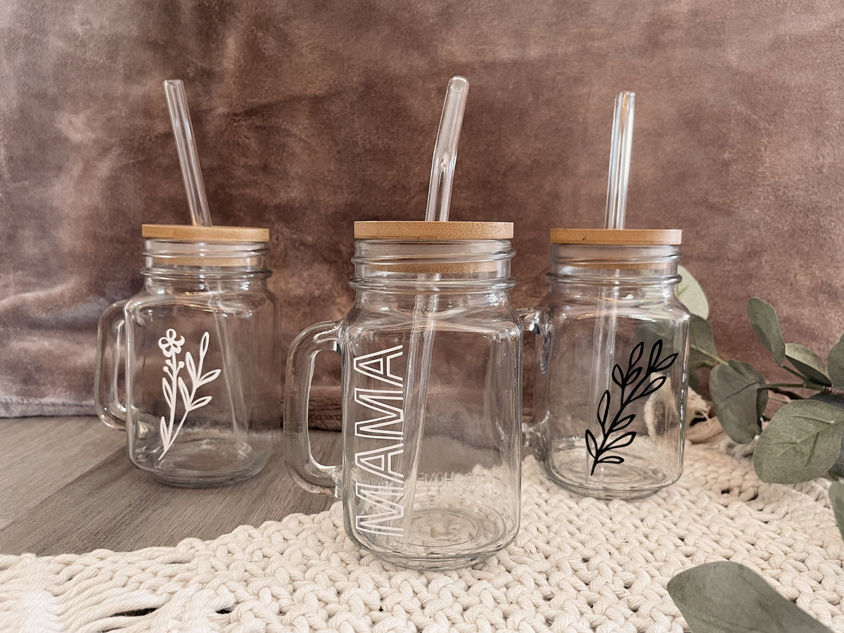 Personalized Mason Jar Coffee Cup: Glass Straw & Bamboo Lid