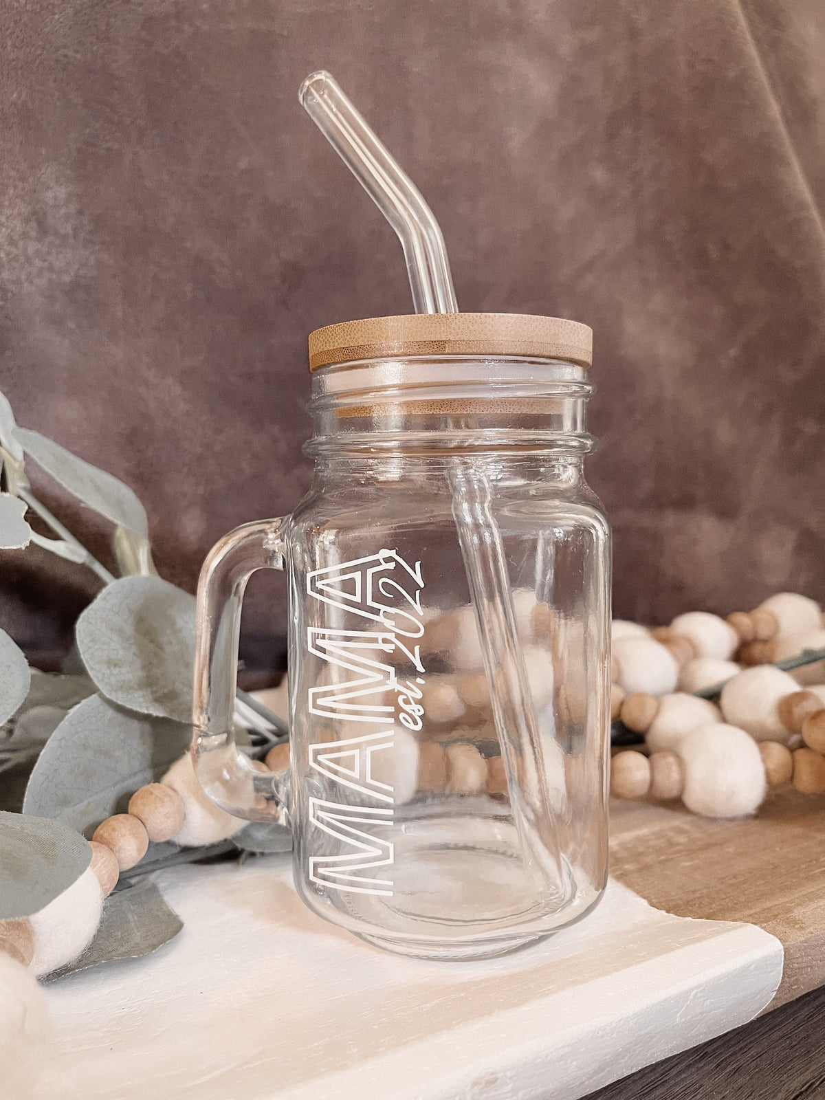 Personalized Mason Jar Coffee Cup: Glass Straw & Bamboo Lid