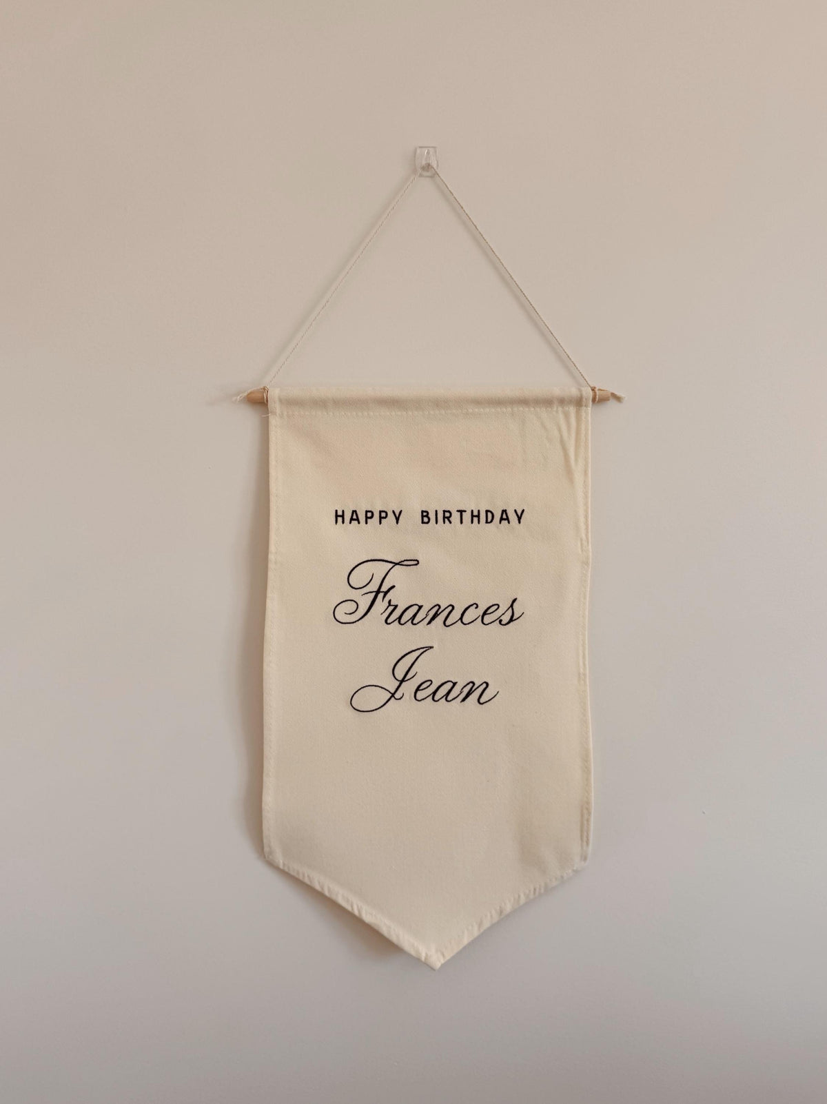 Custom birthday banner pennant with personalized name and milestone in embroidery or vinyl — keepsake party decoration