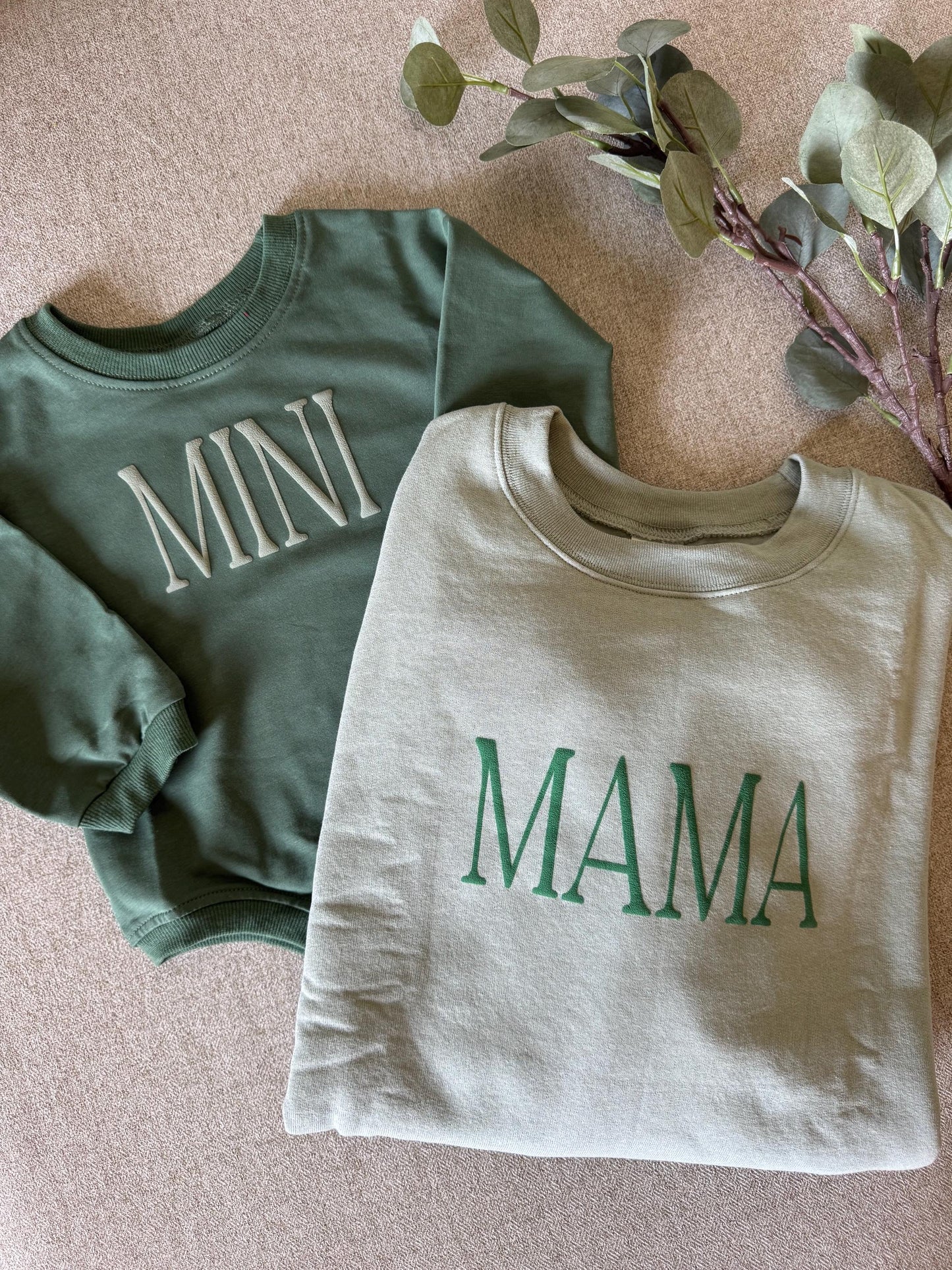 Personalized Mommy and Me Matching Puff Vinyl Apparel / Crewneck, Bubble Romper, Mama, Mini, Custom, Neutral, Sleeve Customization