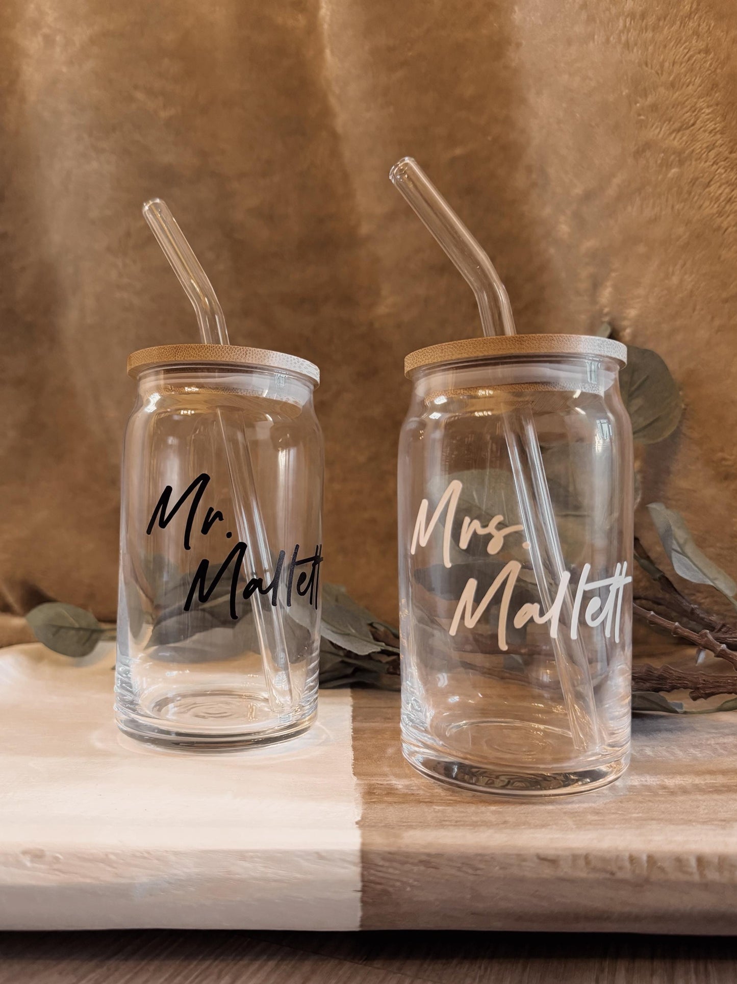 Personalized Mason Jar Coffee Cup 16oz / Newly Weds: Glass Straw & Bamboo Lid