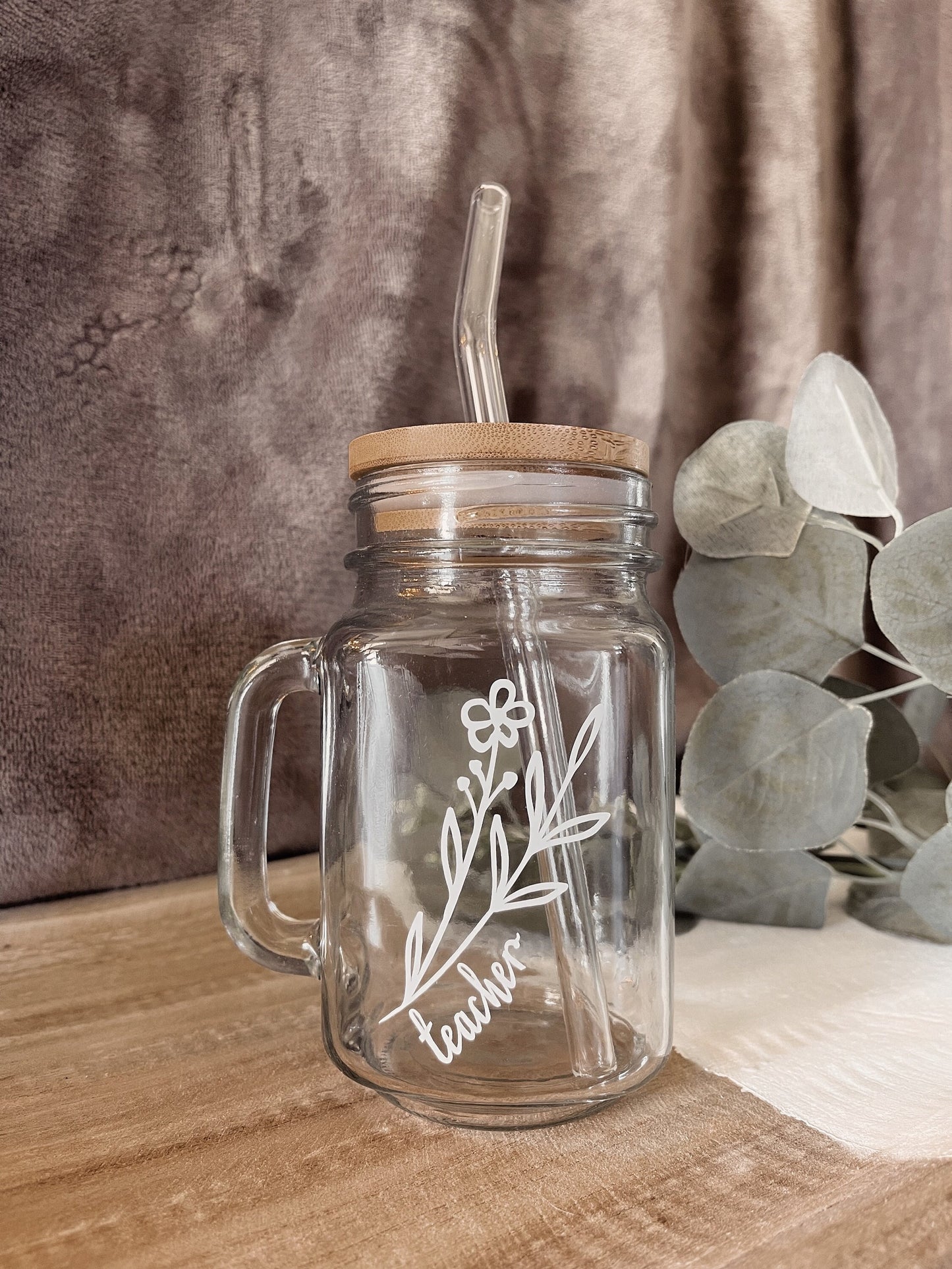 Personalized Teacher Gift, Coffee Jar with Handle, Bamboo Lid & Glass Straw