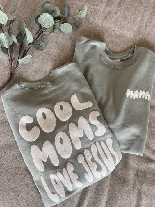 Personalized Mama Sweatshirt: 'Cool Moms Love Jesus', Custom Sleeve Name, Christian Apparel, Puff Vinyl, Front/Back Design