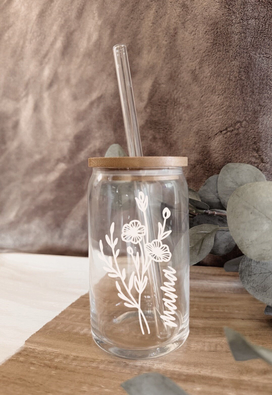 Personalized Mama Mason Jar: Glass Straw & Bamboo Lid
