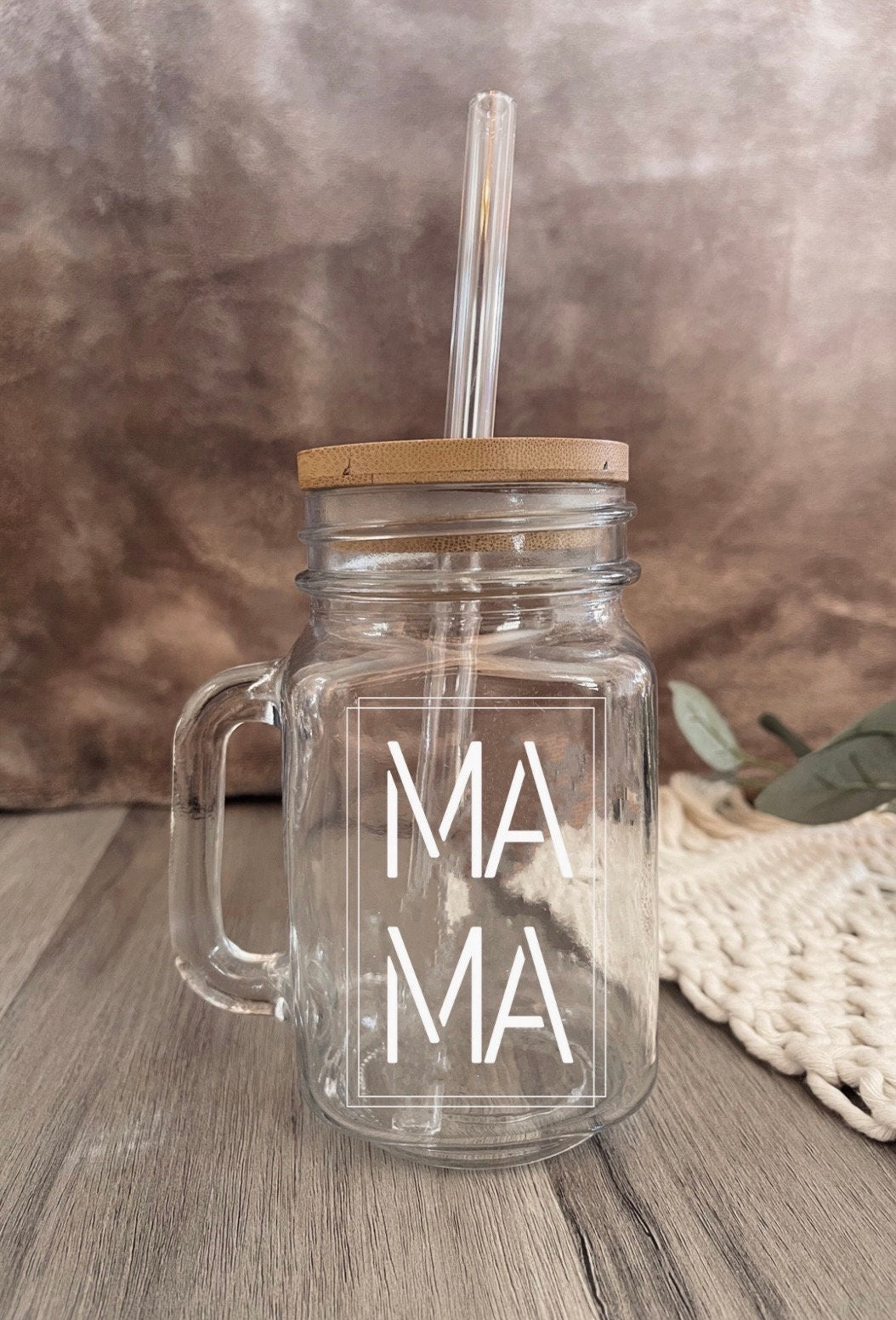 Personalized Mama Mason Jar: Glass Straw & Bamboo Lid