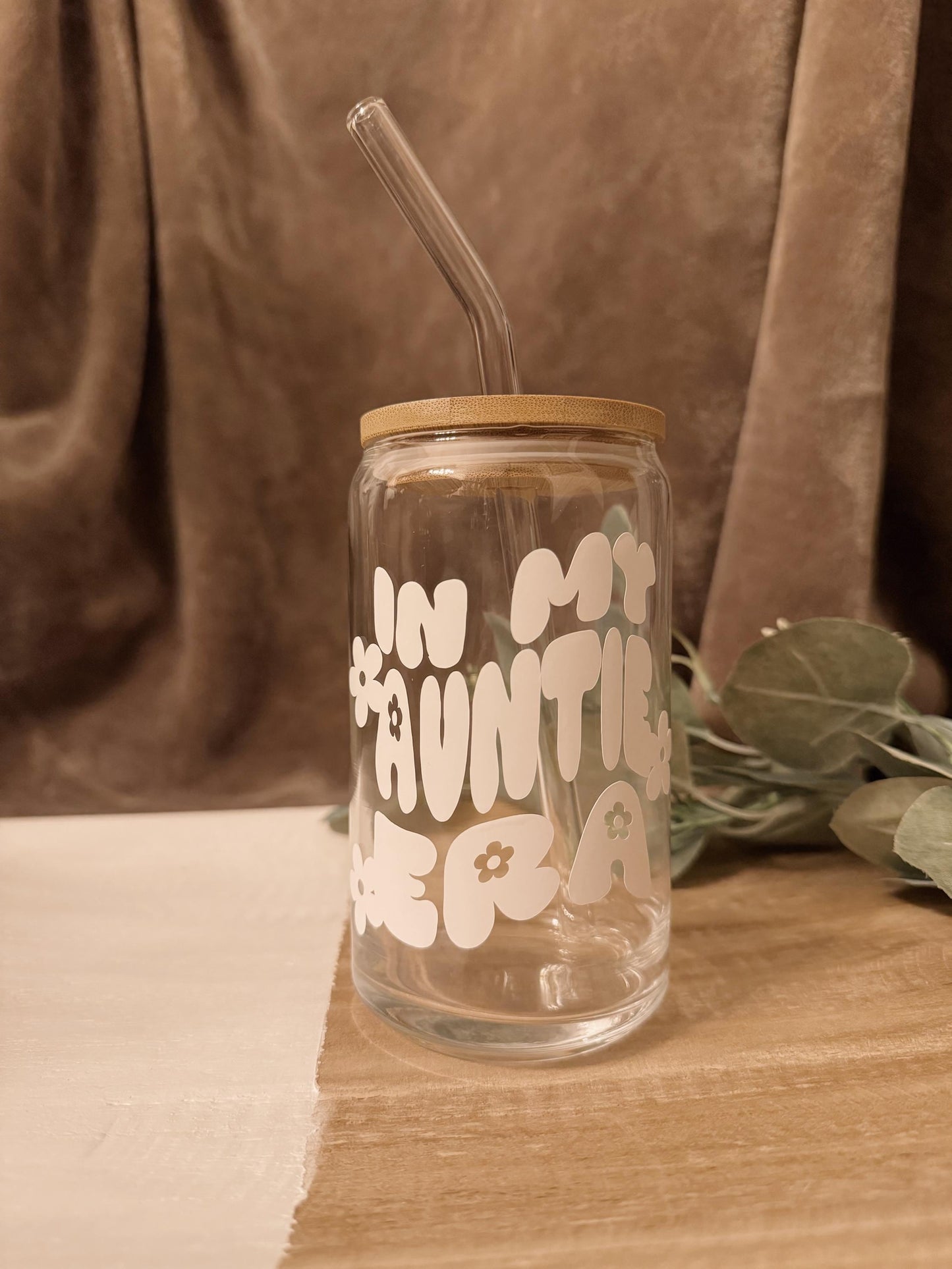 Personalized Era Glass Mason Jar: Bamboo Lid & Straw, Auntie Era