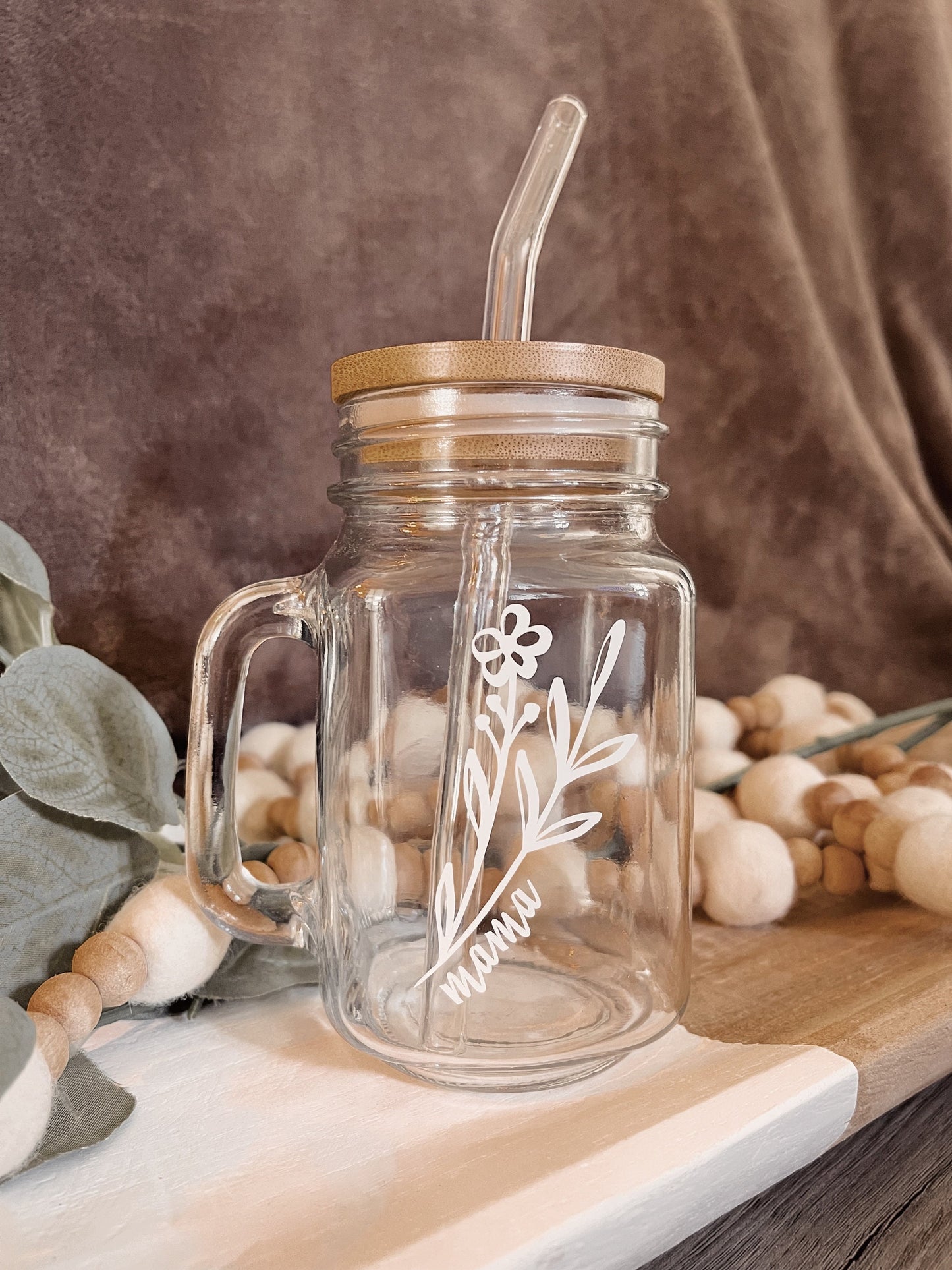 Personalized Mama Mason Jar: Glass Straw & Bamboo Lid