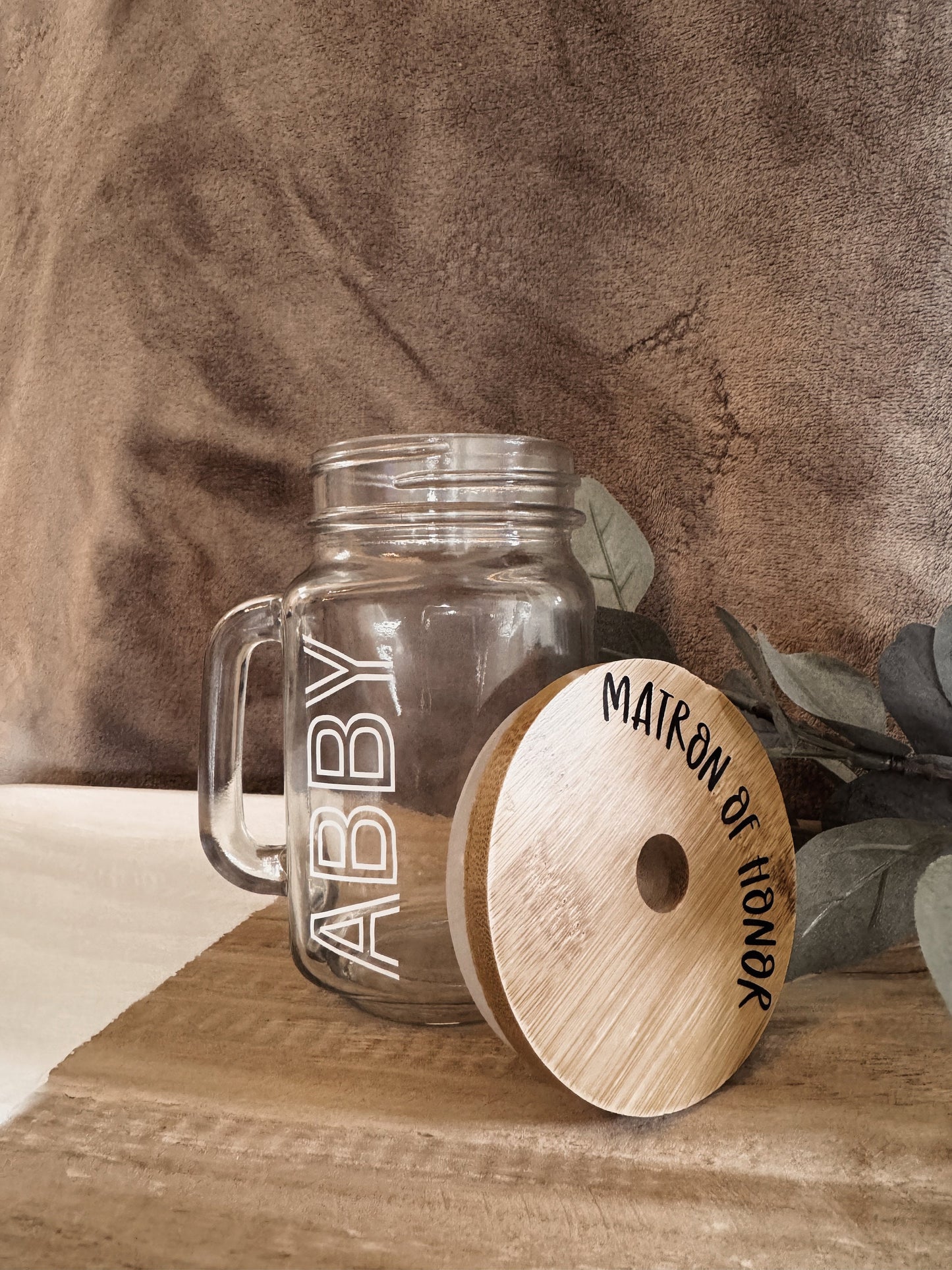 Personalized Bridesmaid Mason Jar: Bamboo Lid & Glass Straw