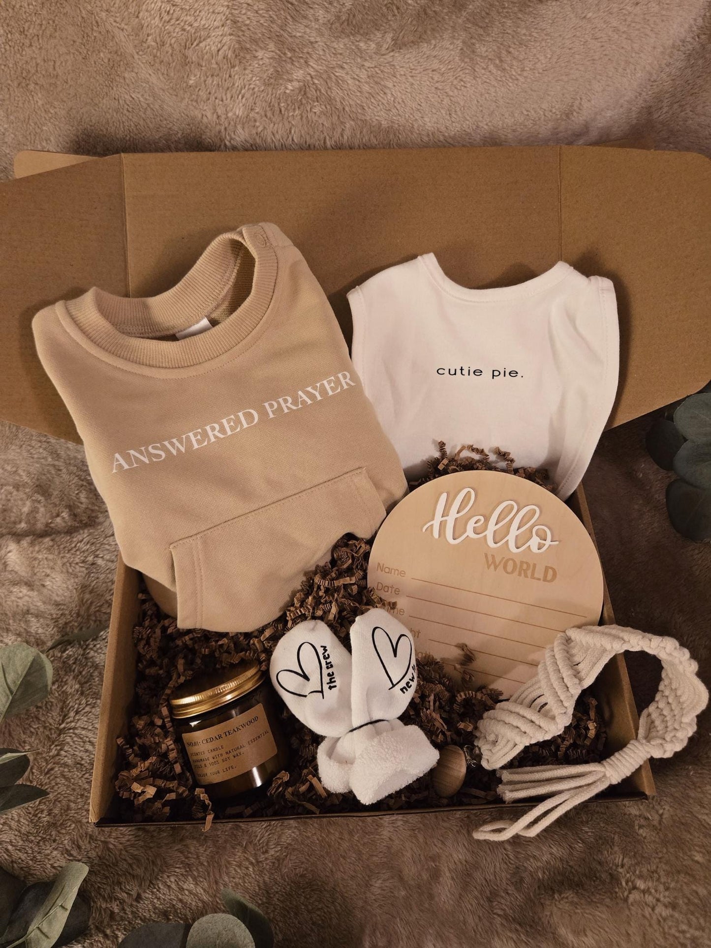 Personalized New Baby Gift Basket // Custom Infant Romper, Custom Bib, Personalized Socks, Gift for Baby, Candle, Pacifier Clip, Hello World
