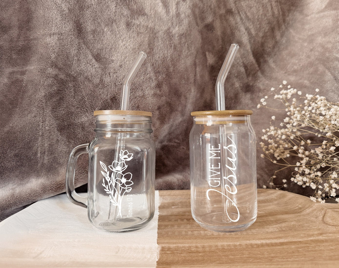 Custom Christian Coffee Cup: Personalized Verse, Glass Straw with Bamboo Lid, Faith Gifts