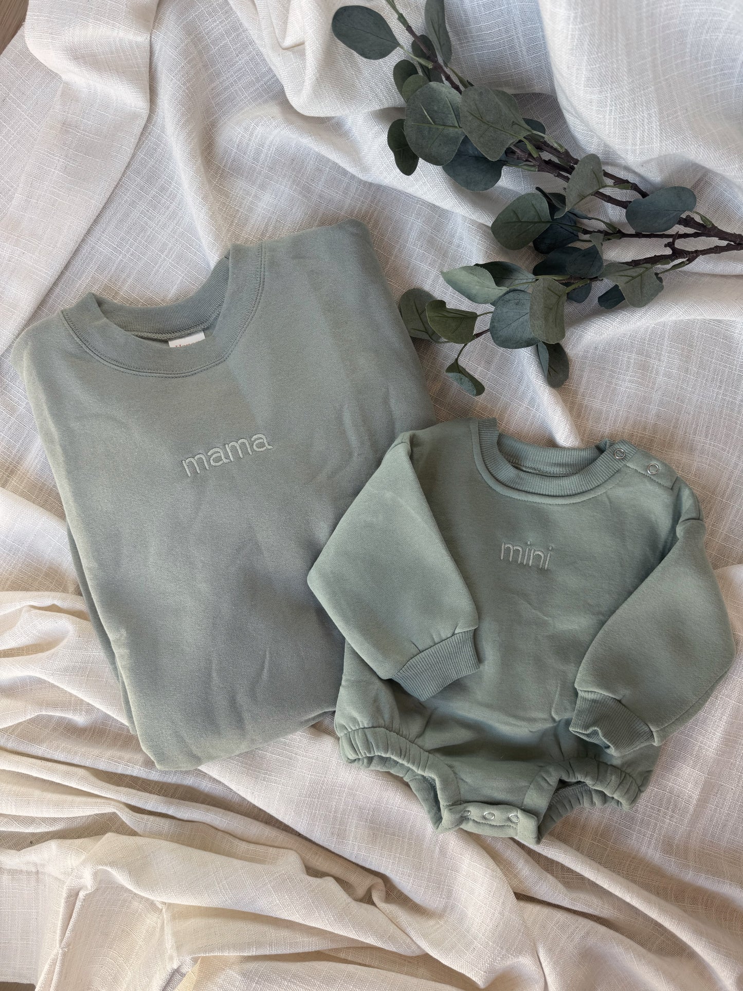 Personalized Mommy and Me Matching Embroidered Apparel / Crewneck, Bubble Romper, Mama, Mini, Custom, Neutral, Sleeve Customization