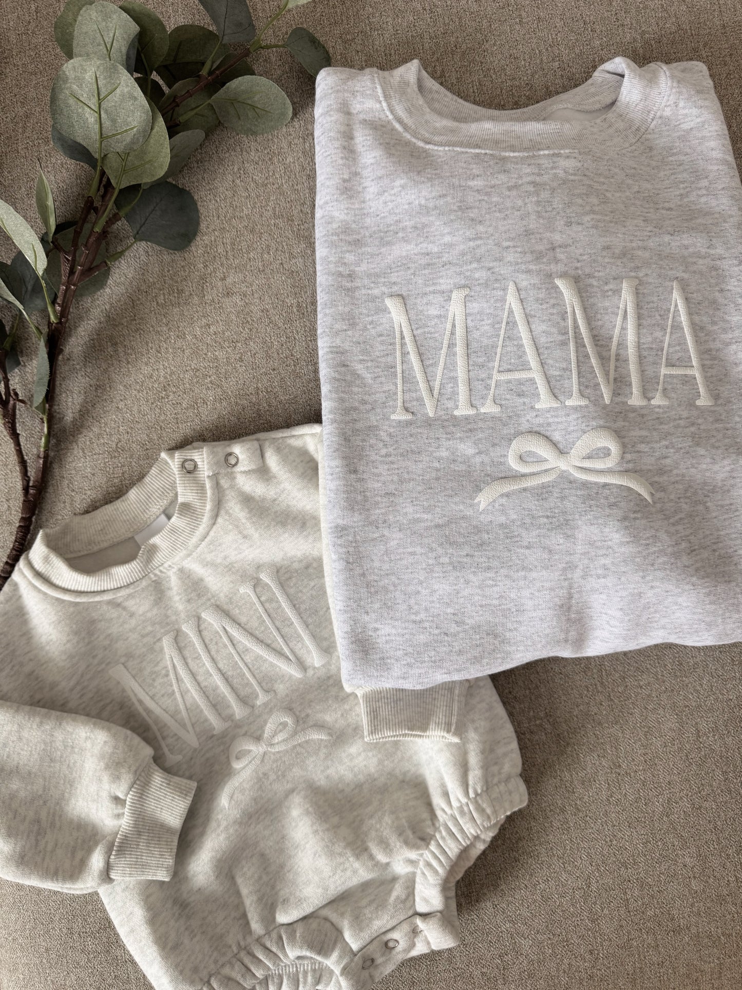 Personalized Mommy and Me Matching Puff Vinyl Apparel / Crewneck, Bubble Romper, Mama, Mini, Custom, Neutral, Sleeve Customization