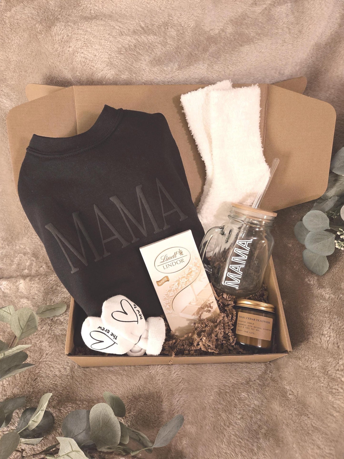 New Mama Gift Box: Personalized Crewneck, Socks & Candle Set