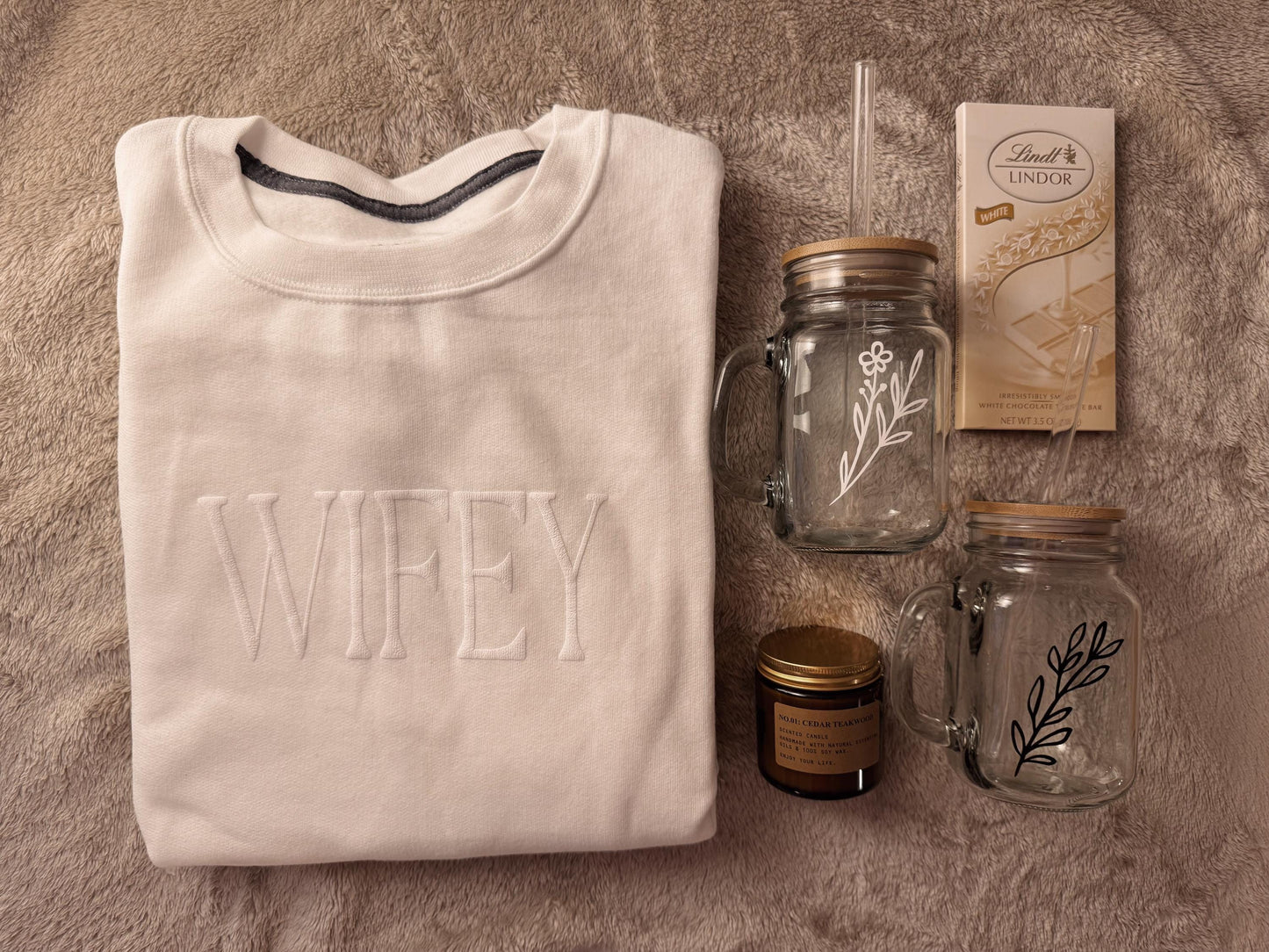 Personalized Wifey Gift Box // Bridal Shower Gift, Custom Crewneck, Scented Candle, Custom Glass Tumblers with Handle, Gifts for Her