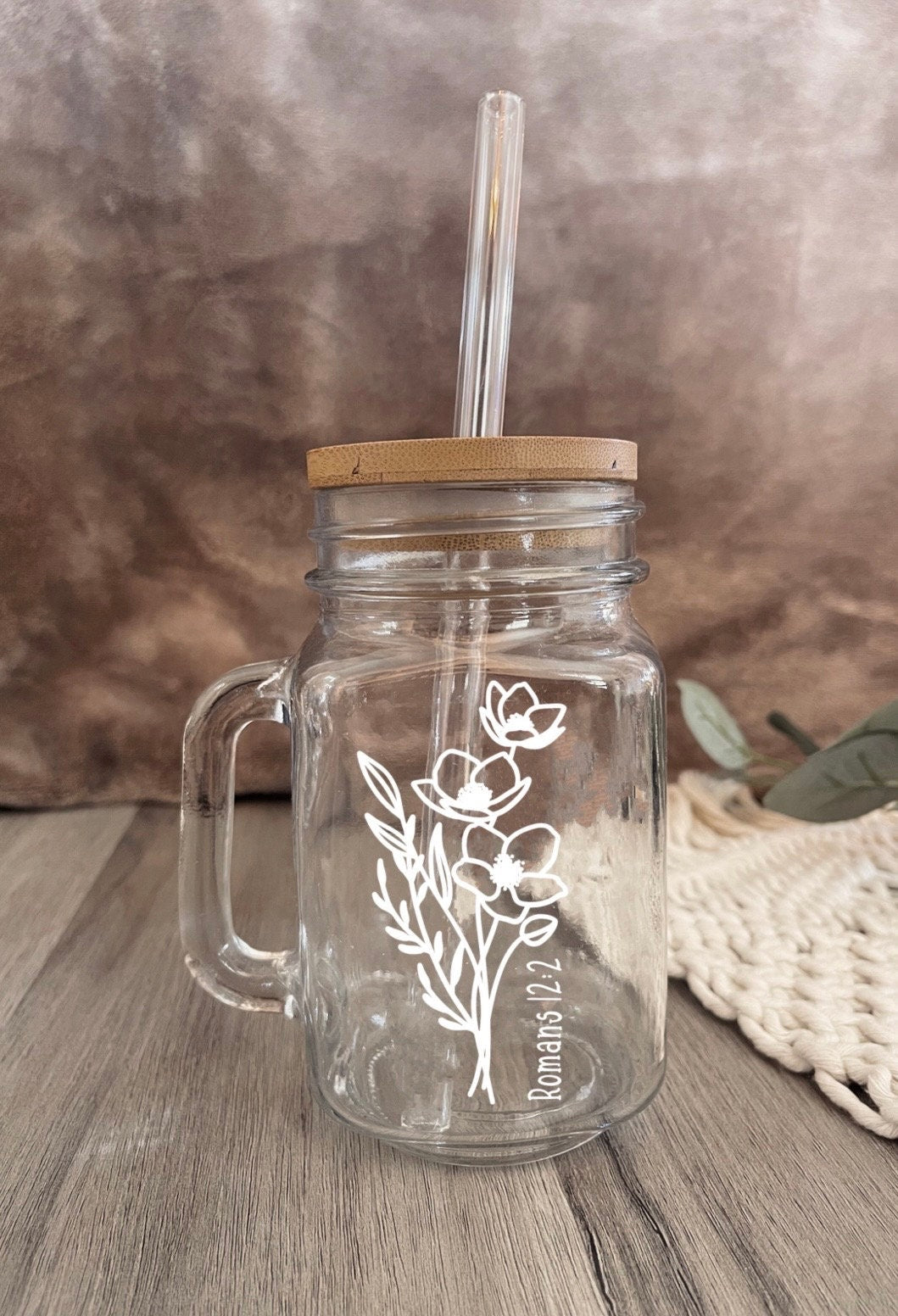 Custom Christian Coffee Cup: Personalized Verse, Glass Straw with Bamboo Lid, Faith Gifts