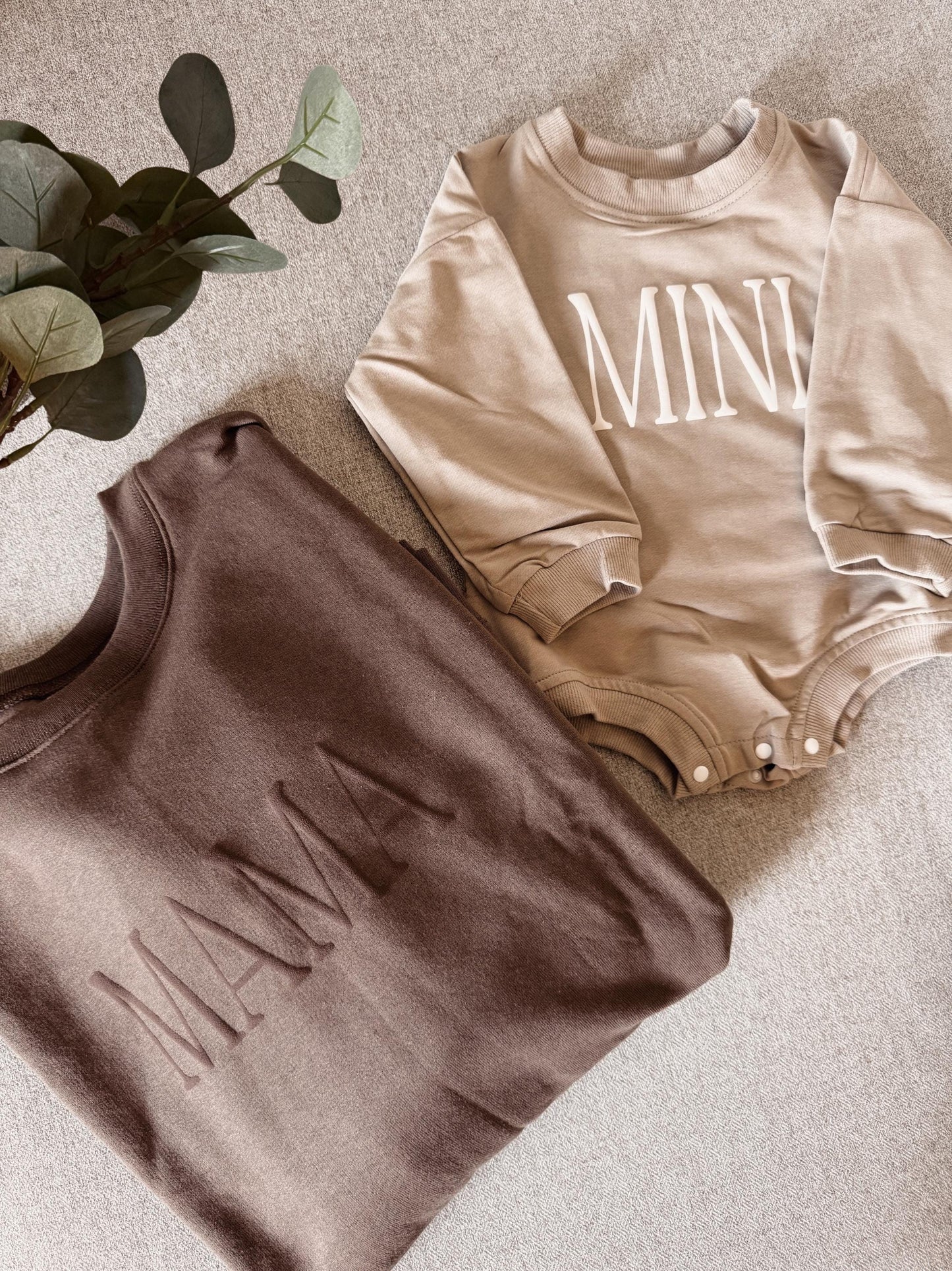 Personalized Mommy and Me Matching Puff Vinyl Apparel / Crewneck, Bubble Romper, Mama, Mini, Custom, Neutral, Sleeve Customization