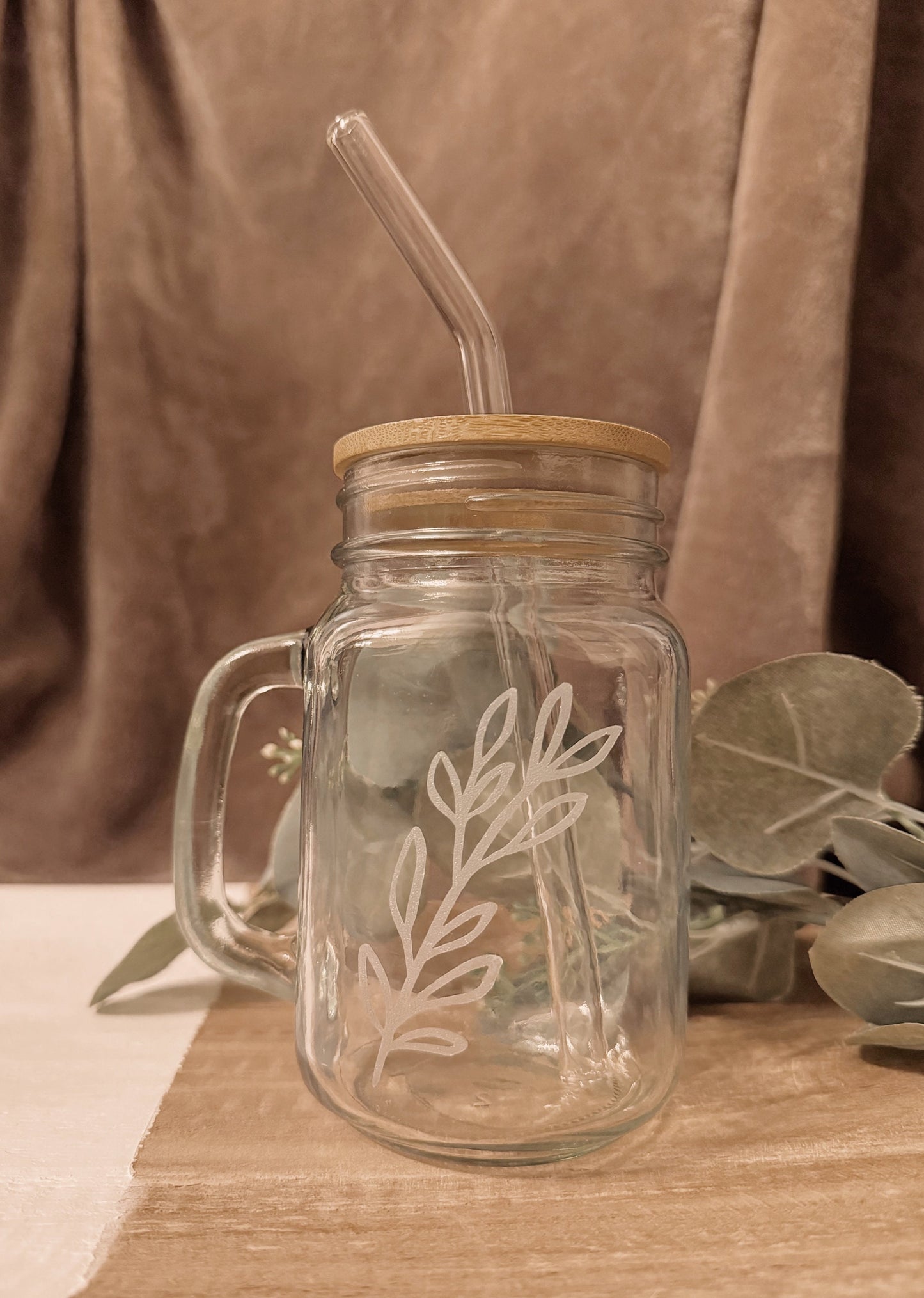 Personalized Mason Jar Coffee Cup: Glass Straw & Bamboo Lid
