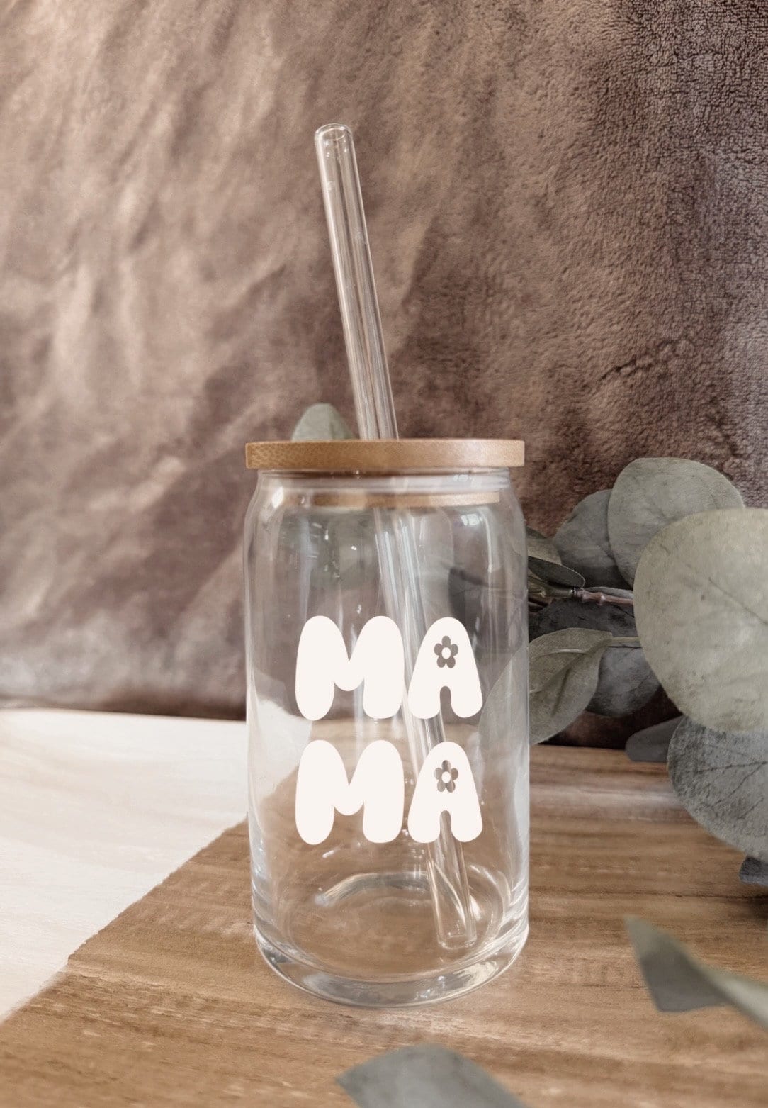 Personalized Mama Mason Jar: Glass Straw & Bamboo Lid