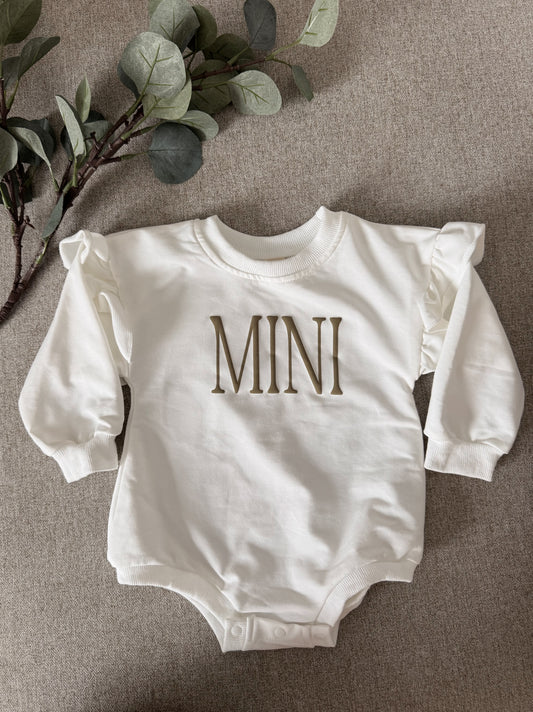Personalized Mini Puff Vinyl Apparel / Crewneck, Bubble Romper, White and Brown, Mama, Mini, Custom, Neutral, Sleeve Customization, New Baby Gift, Match