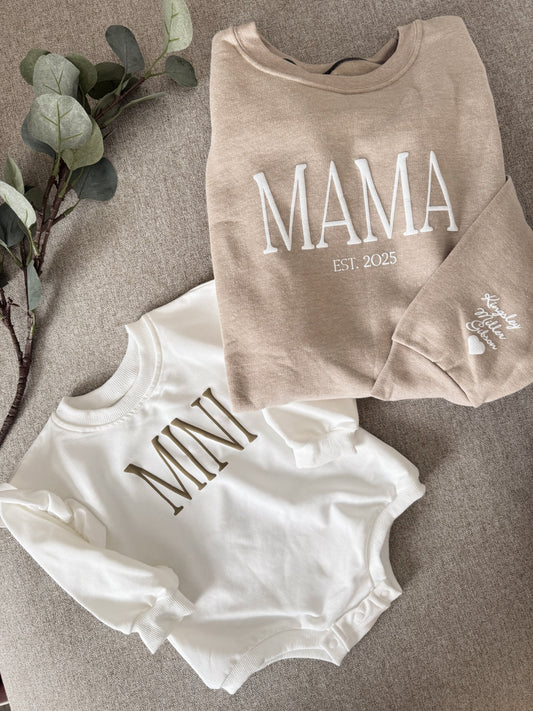 Mommy and Me Matching Puff Vinyl Apparel / Customized, Crewneck, Bubble Romper, Mama, Mini, Neutral