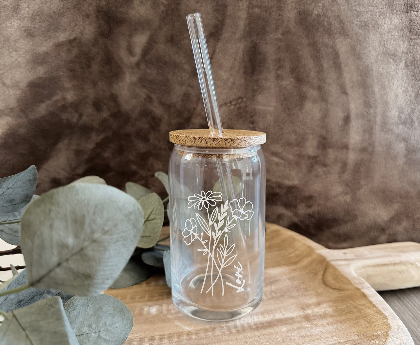 Personalized Coffee Cup with Glass Straw and Bamboo Lid