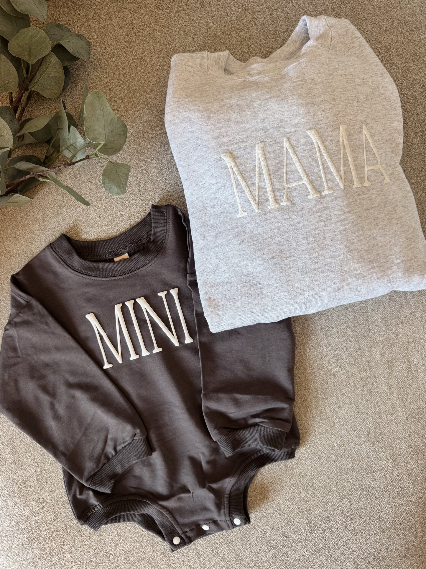 Personalized Mommy and Me Matching Puff Vinyl Apparel / Crewneck, Bubble Romper, Mama, Mini, Custom, Neutral, Sleeve Customization