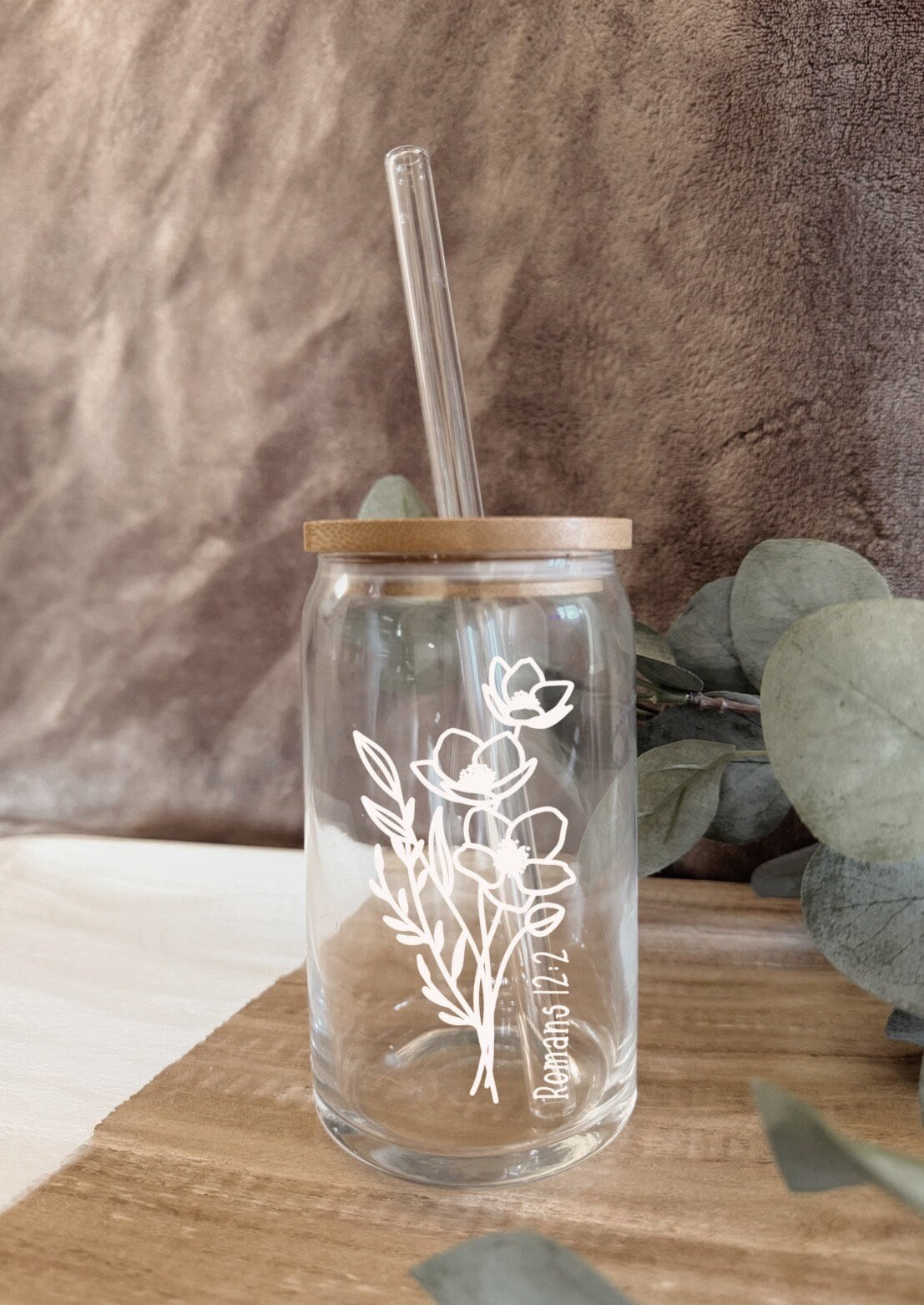 Custom Christian Coffee Cup: Personalized Verse, Glass Straw with Bamboo Lid, Faith Gifts