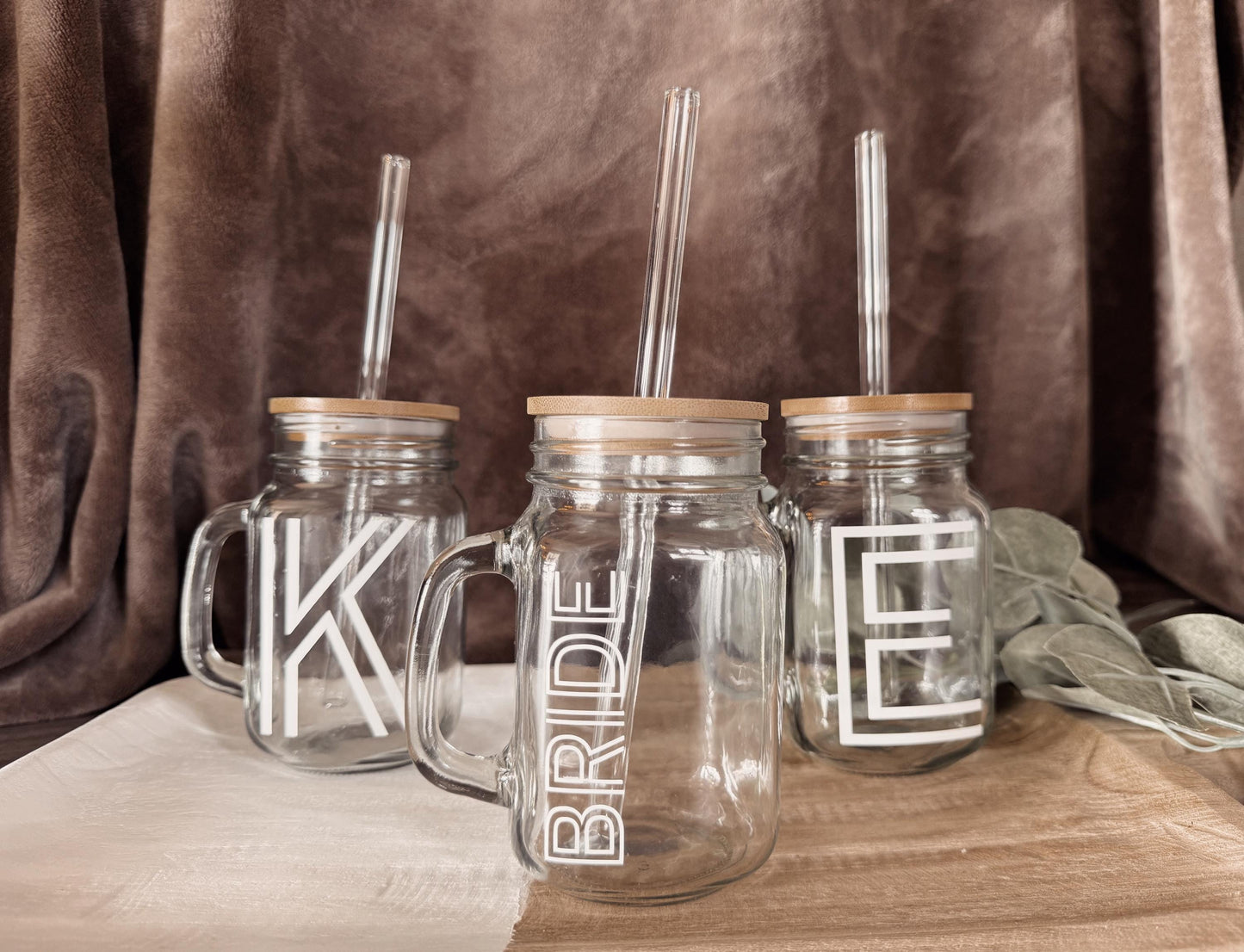 Personalized Bridesmaid Mason Jar: Bamboo Lid & Glass Straw
