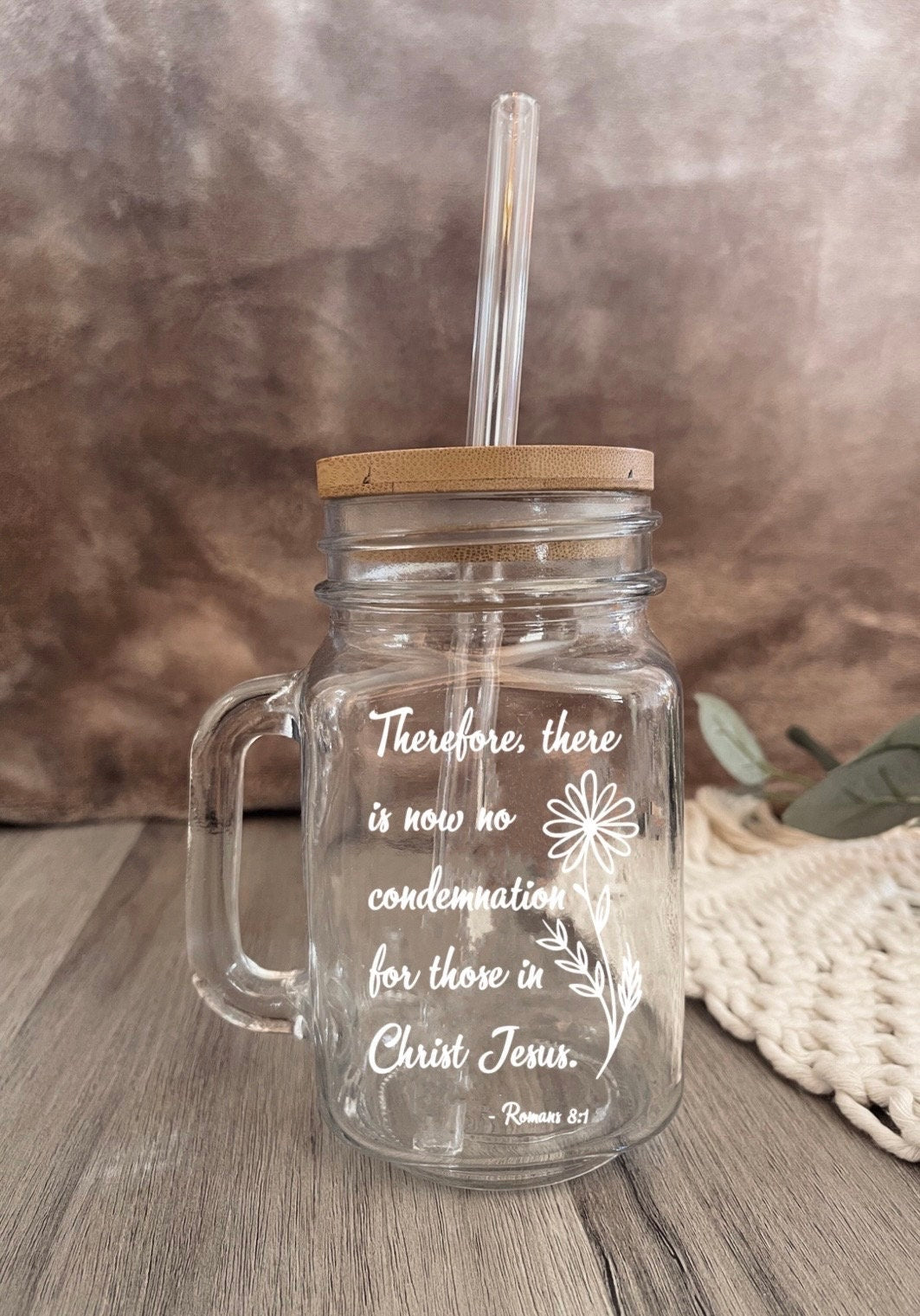Custom Christian Coffee Cup: Personalized Verse, Glass Straw with Bamboo Lid, Faith Gifts