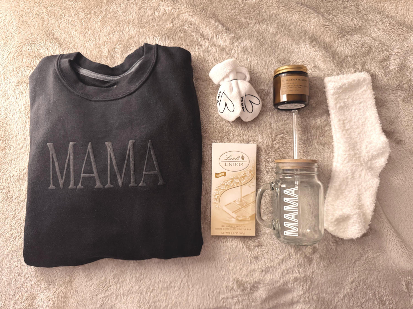 New Mama Gift Box: Personalized Crewneck, Socks & Candle Set