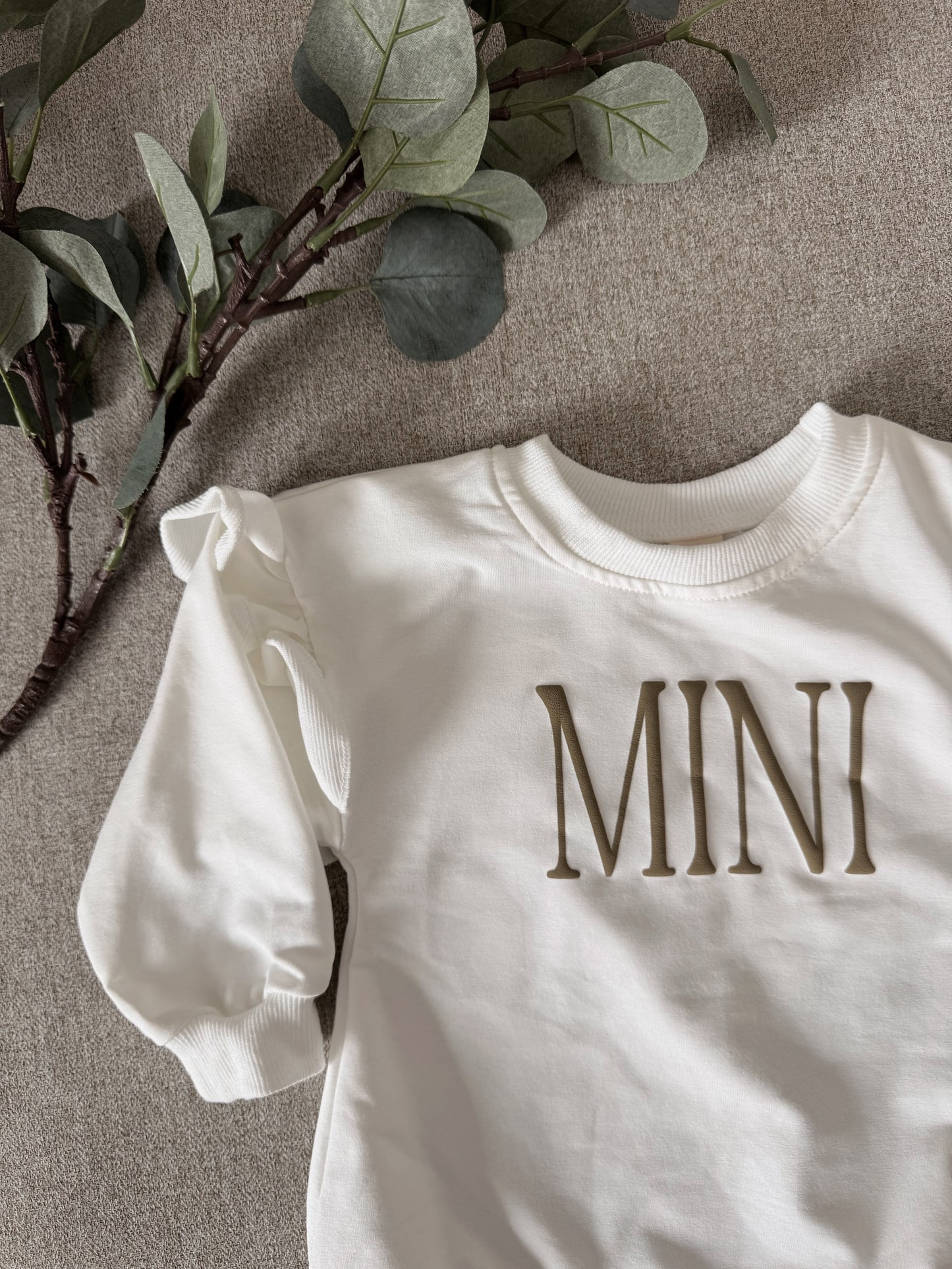 Personalized Mini Puff Vinyl Apparel / Crewneck, Bubble Romper, White and Brown, Mama, Mini, Custom, Neutral, Sleeve Customization, New Baby Gift, Match