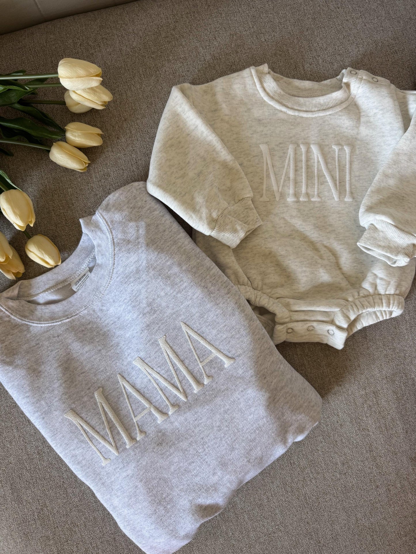 Personalized Mommy and Me Matching Puff Vinyl Apparel / Crewneck, Bubble Romper, Mama, Mini, Custom, Neutral, Sleeve Customization