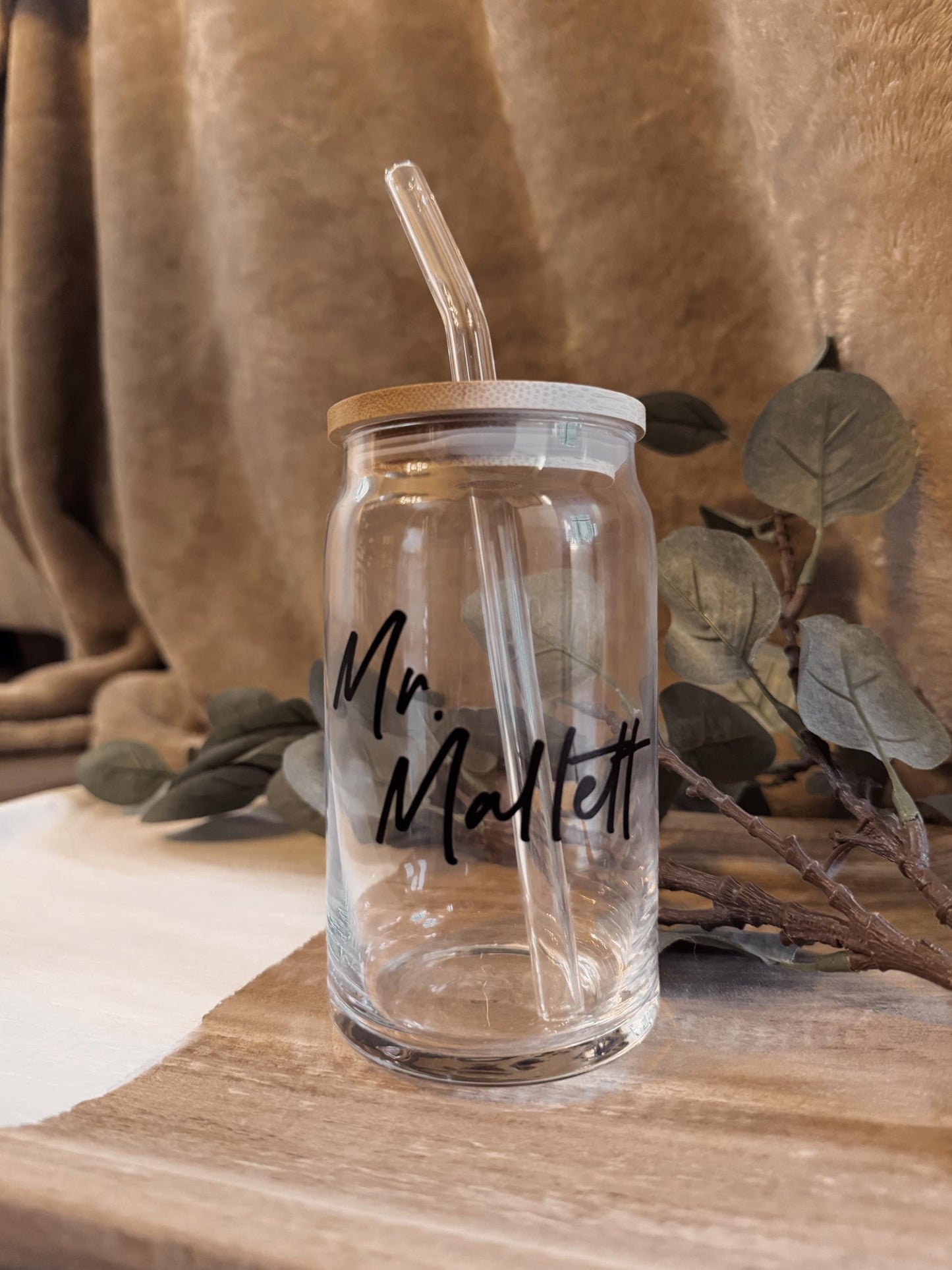 Personalized Mason Jar Coffee Cup 16oz / Newly Weds: Glass Straw & Bamboo Lid