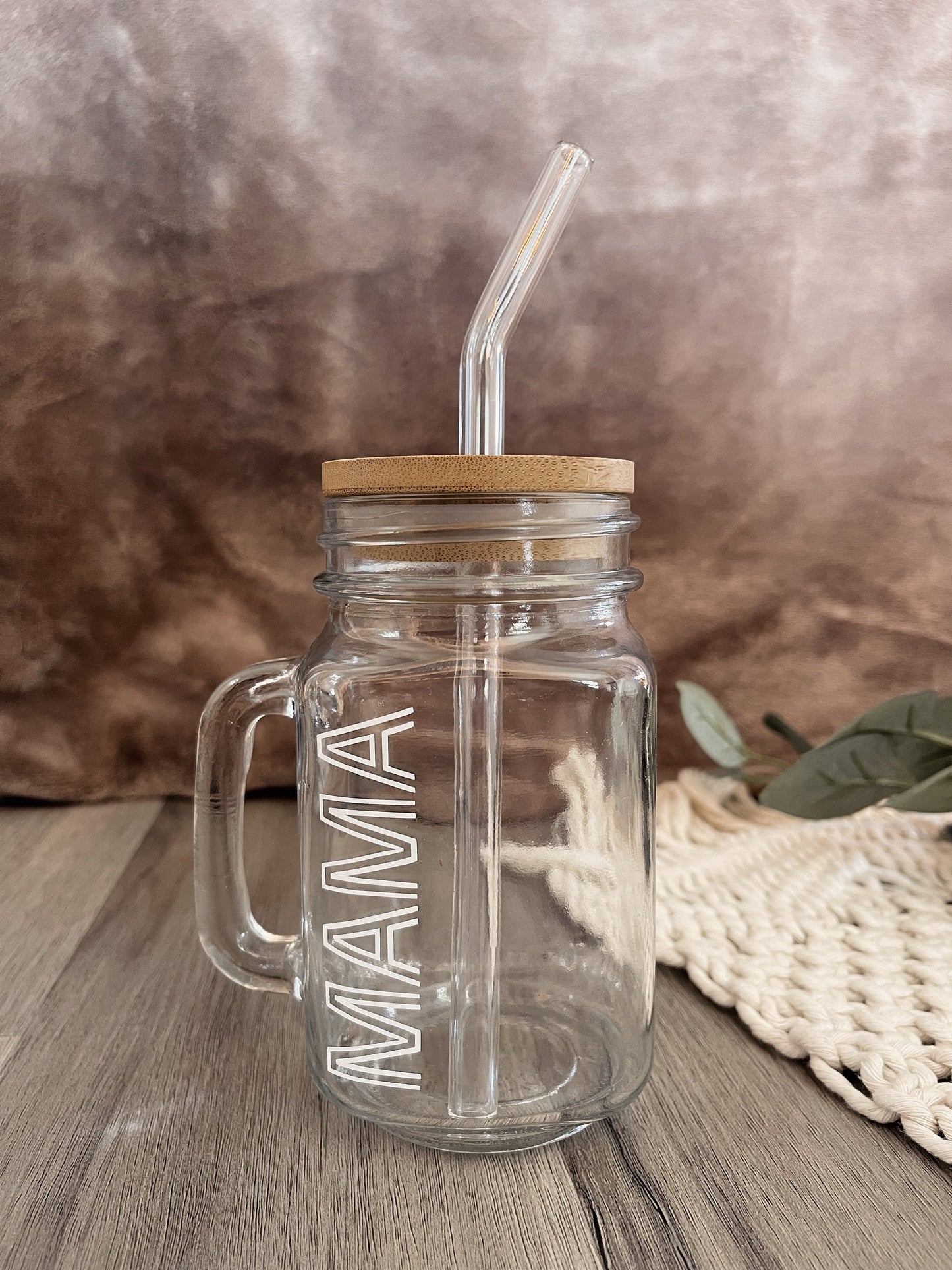 Personalized Mason Jar Coffee Cup: Glass Straw & Bamboo Lid