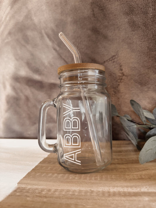 Personalized Mason Jar Coffee Cup: Glass Straw & Bamboo Lid