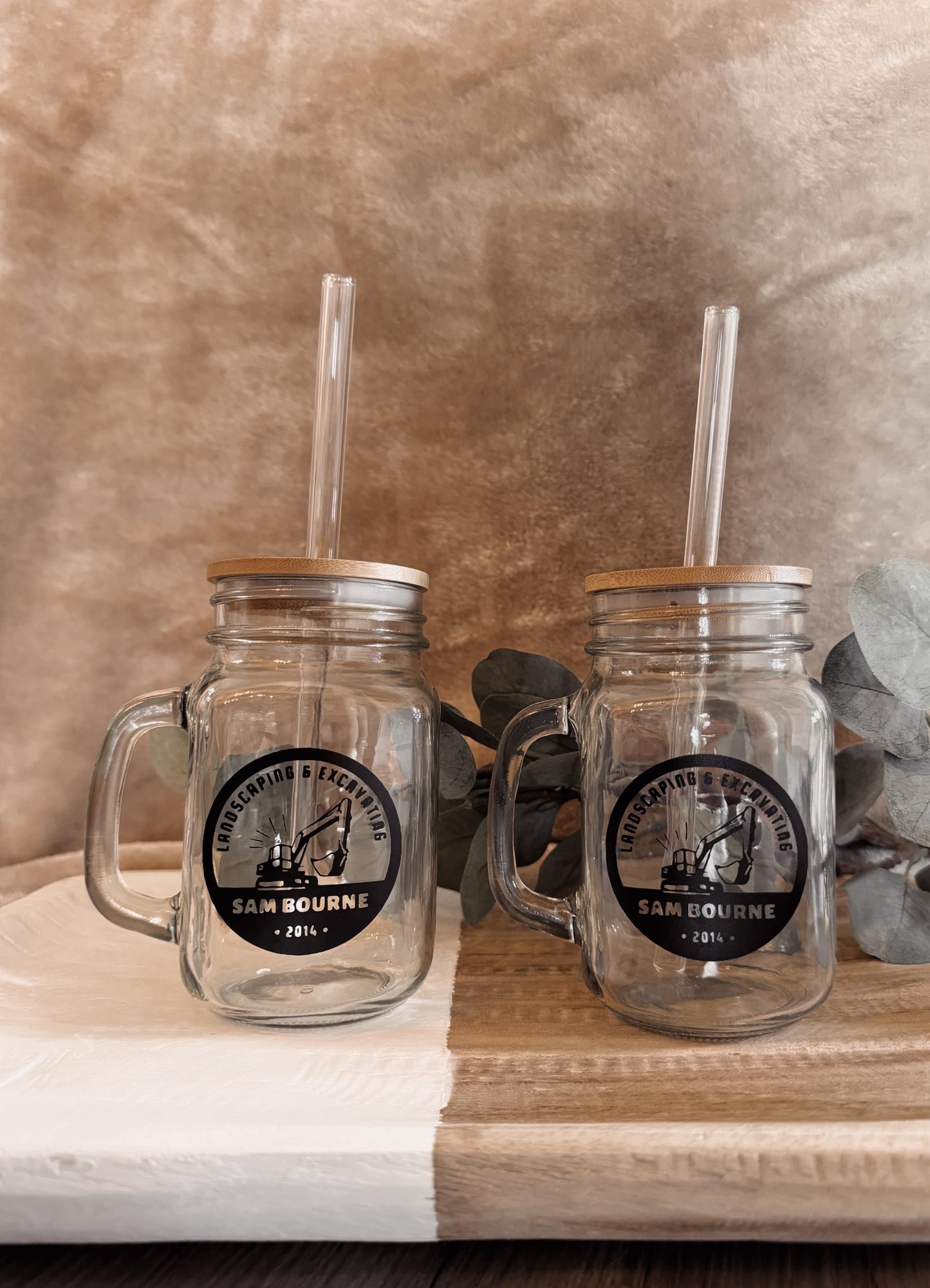 Customized Mason Jar // Glass Straw & Bamboo Lid, Custom Glass Tumbler