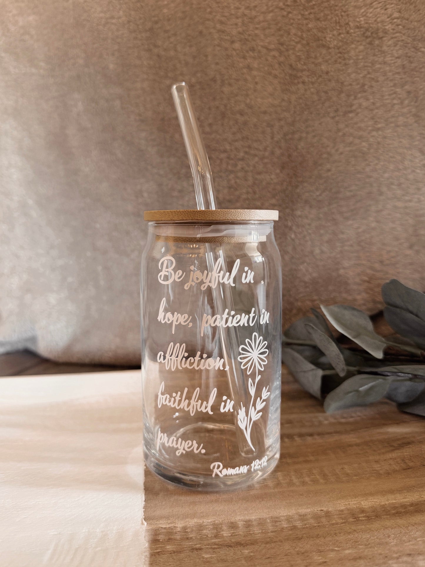 Custom Christian Coffee Cup: Personalized Verse, Glass Straw with Bamboo Lid, Faith Gifts