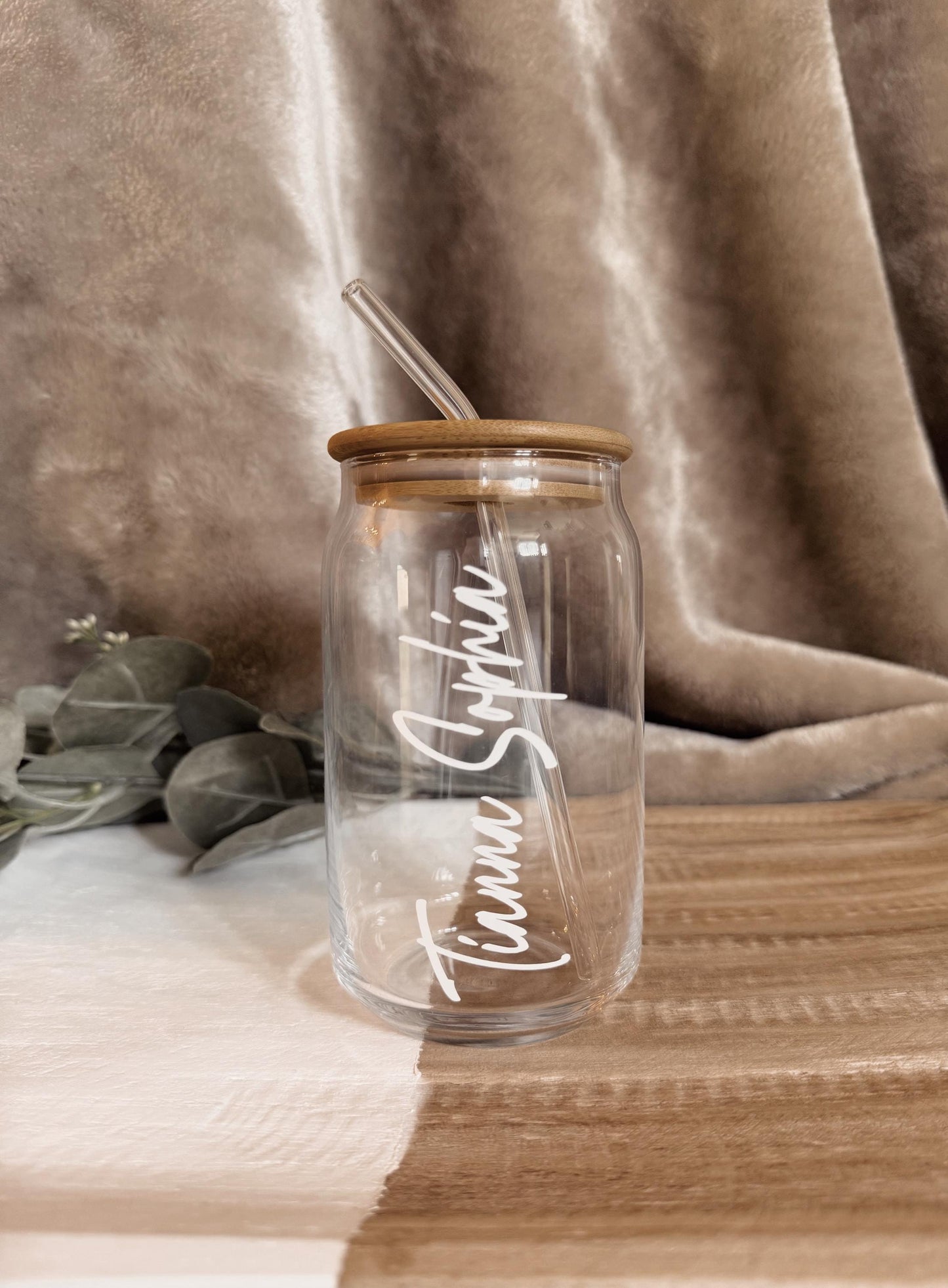 Personalized Mason Jar Coffee Cup / Simple Name: Glass Straw & Bamboo Lid