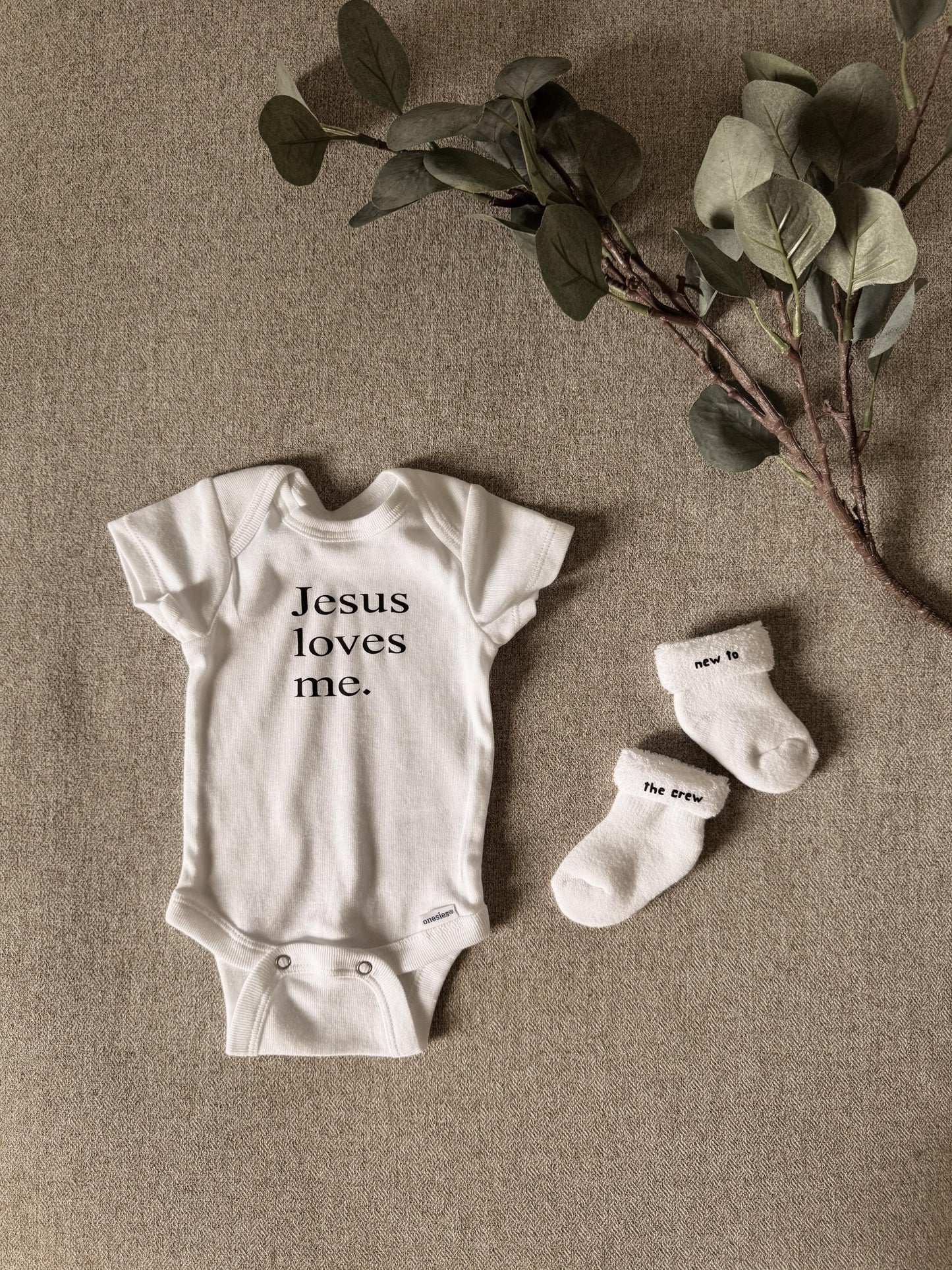 Personalized "Jesus Loves Me" Baby Onesie & Socks Set
