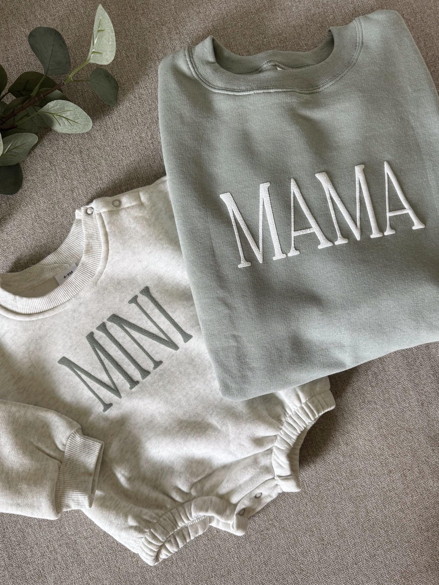 Personalized Mommy and Me Matching Puff Vinyl Apparel / Crewneck, Bubble Romper, Mama, Mini, Custom, Neutral, Sleeve Customization