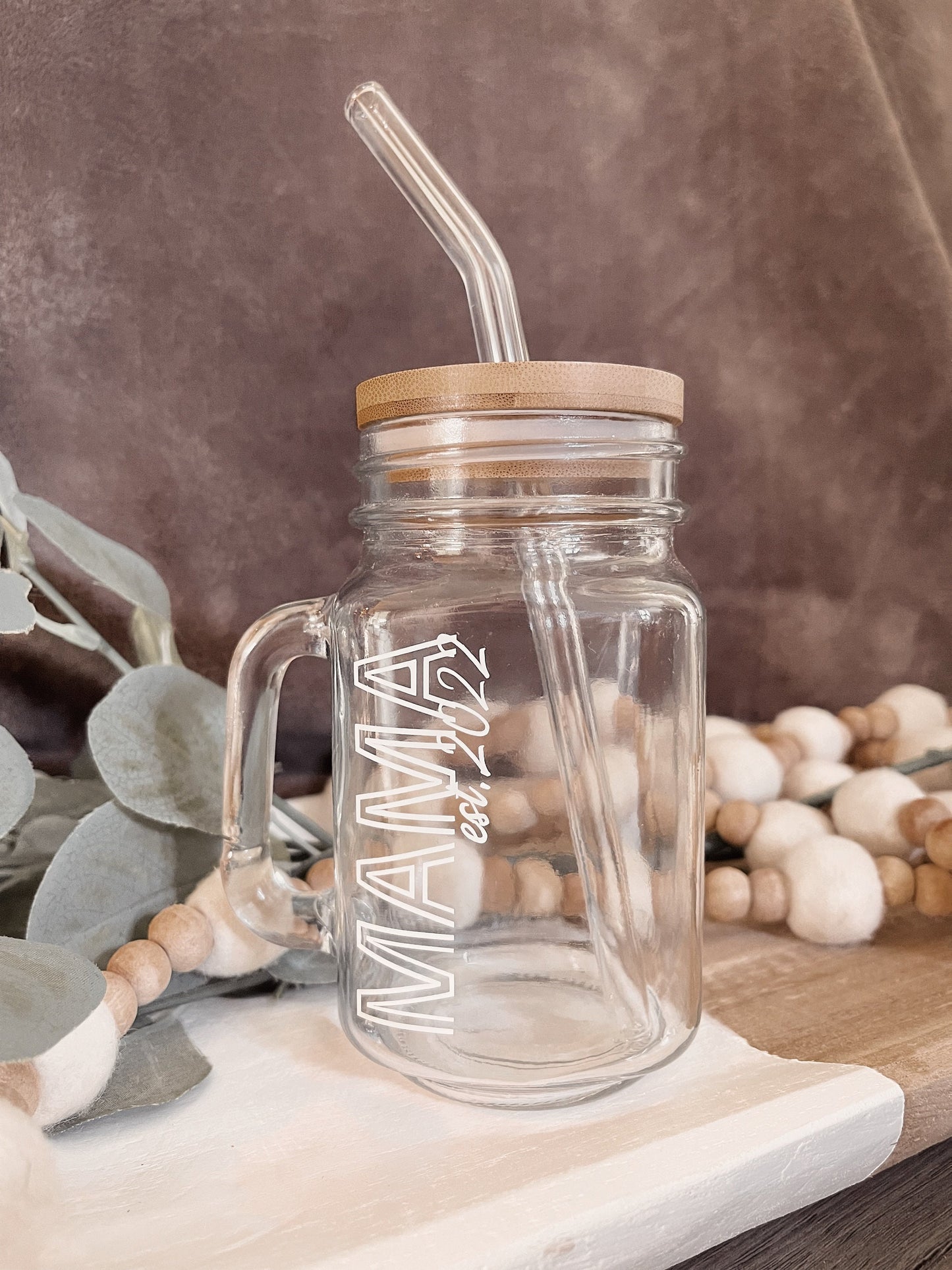 Personalized Mama Mason Jar: Glass Straw & Bamboo Lid