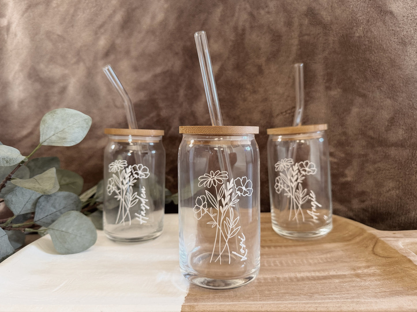 Personalized Coffee Cup with Glass Straw and Bamboo Lid