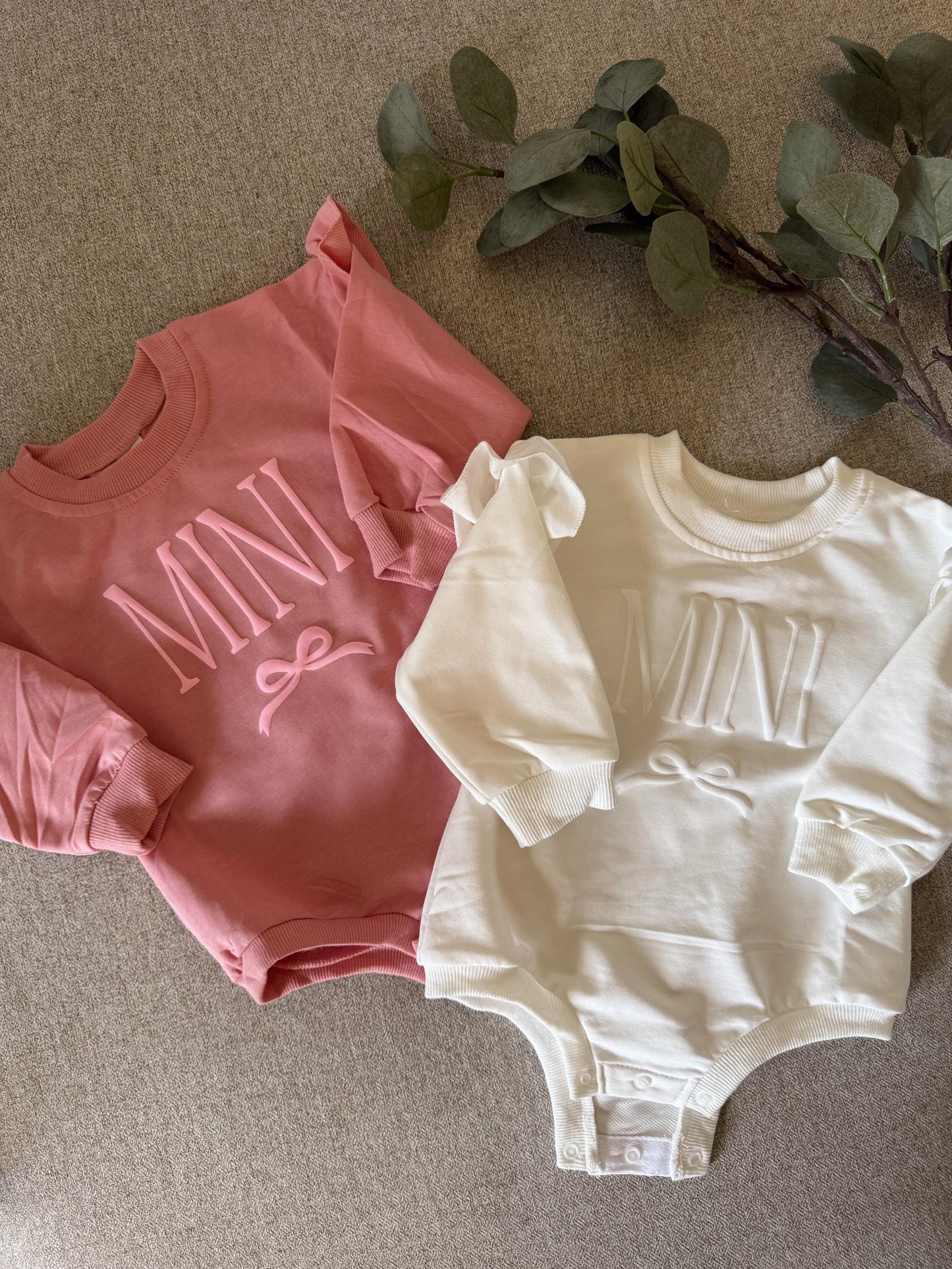 Personalized Mini Puff Vinyl Apparel / Crewneck, Bubble Romper, White and Brown, Mama, Mini, Custom, Neutral, Sleeve Customization, New Baby Gift, Match