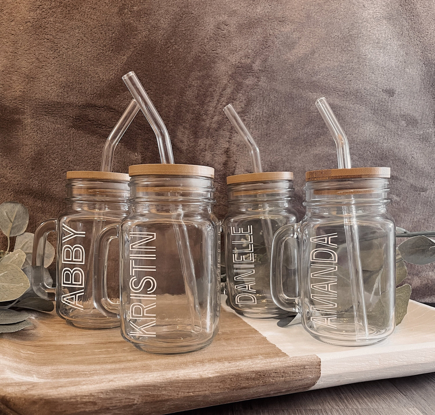 Personalized Mason Jar Coffee Cup: Glass Straw & Bamboo Lid